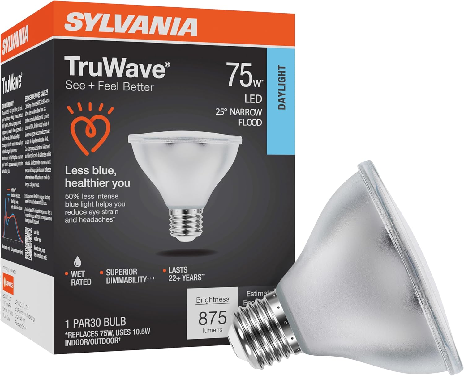 Sylvania LED TruWave Natural Series PAR30 Light Bulb, 75W Equivalent Efficient 9W, Medium Base, Dimmable 5000K Daylight, 1 Pack