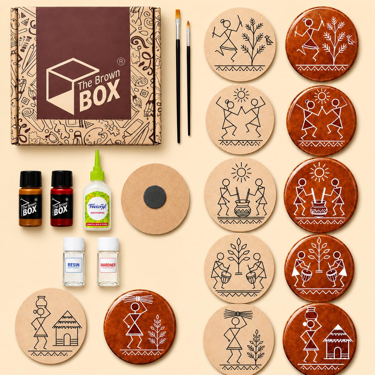 Warli Painting DIY Fridge Magnet Kit | 6 Pre‑Marked MDF Rounds (7 cm) with Magnets, 2 Tribal Colours, White Liner & Brushes | Tribal Art Craft Kit for Kids & Adults, Gift Box Packing-image-20