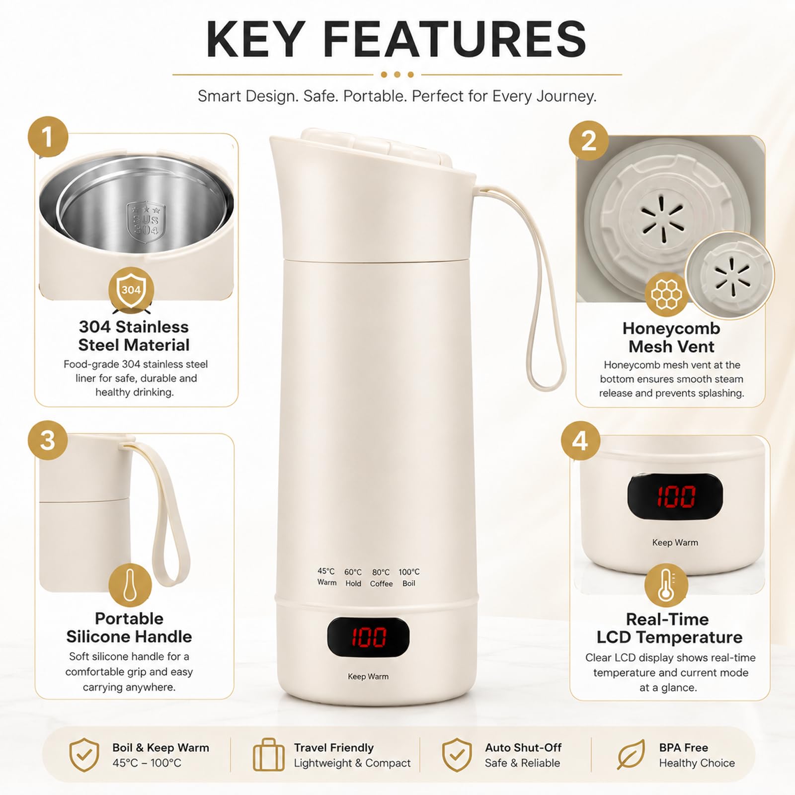 400ML Bollitore Elettrico da Viaggio, 4 Livelli di Regolazione Della Temperatura Mini Bollitore da Viaggio Portatile, Bollitore Elettrico Piccolo in Acciaio Inox 304 con Spegnimento Automatico