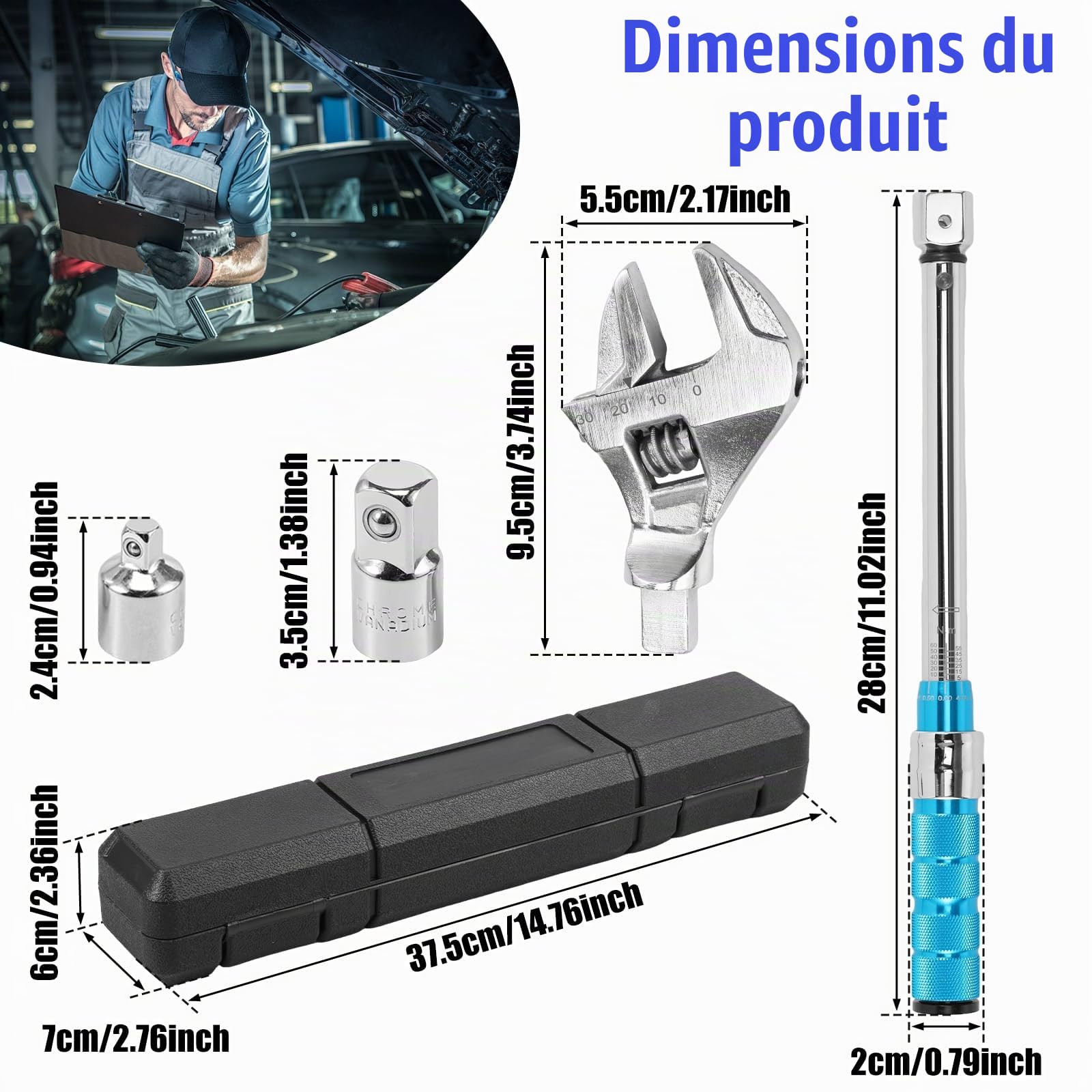 Clé dynamométrique 5–60 Nm avec outils d'insertion, incl. tête de clé de 30 mm et adaptateur | ±4 % de précision pour climatiseurs et tuyaux | en acier