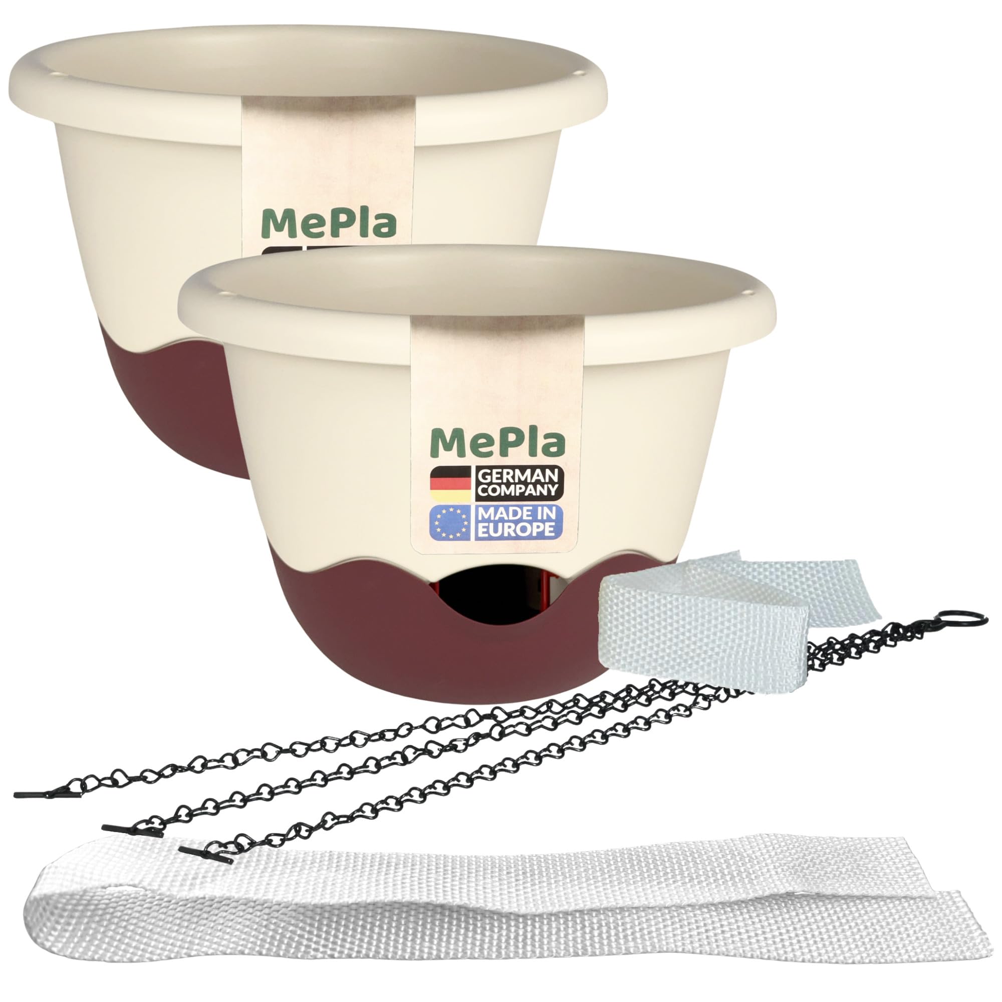 MePla - Lot de 2 pots de fleurs Mareta ø25 cm ivoire/bordeaux + 1 bande d'irrigation de rechange de 62 cm - Jardinière suspendue auto-arrosante avec réservoir d'eau - Résistant aux UV et aux