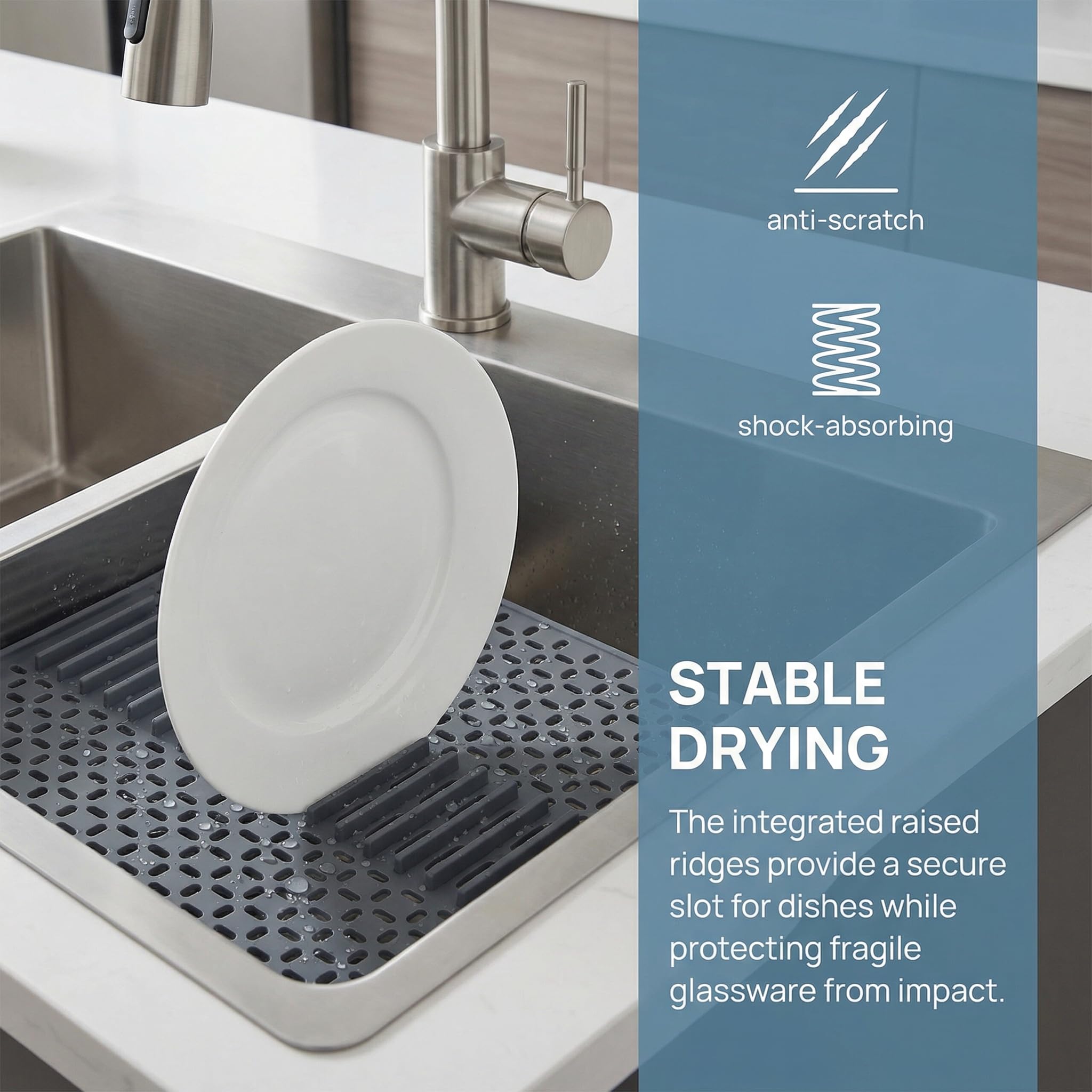 Tapis D'évier de Cuisine en Silicone Protecteur D'évier Pliable Résistant à La Chaleur, Tapis Fond Evier Cuisine pour éviers en Acier Inoxydable/Céramique, Gris Foncé, 43 x 32 cm