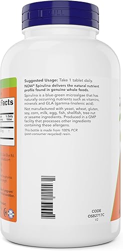 Miniatura 2 de NOW Foods Espirulina orgánica 1000 mg comprimidos 300 unidades sin OMG, suplemento alimenticio integral súper verde Doble fuerza 1000 mg