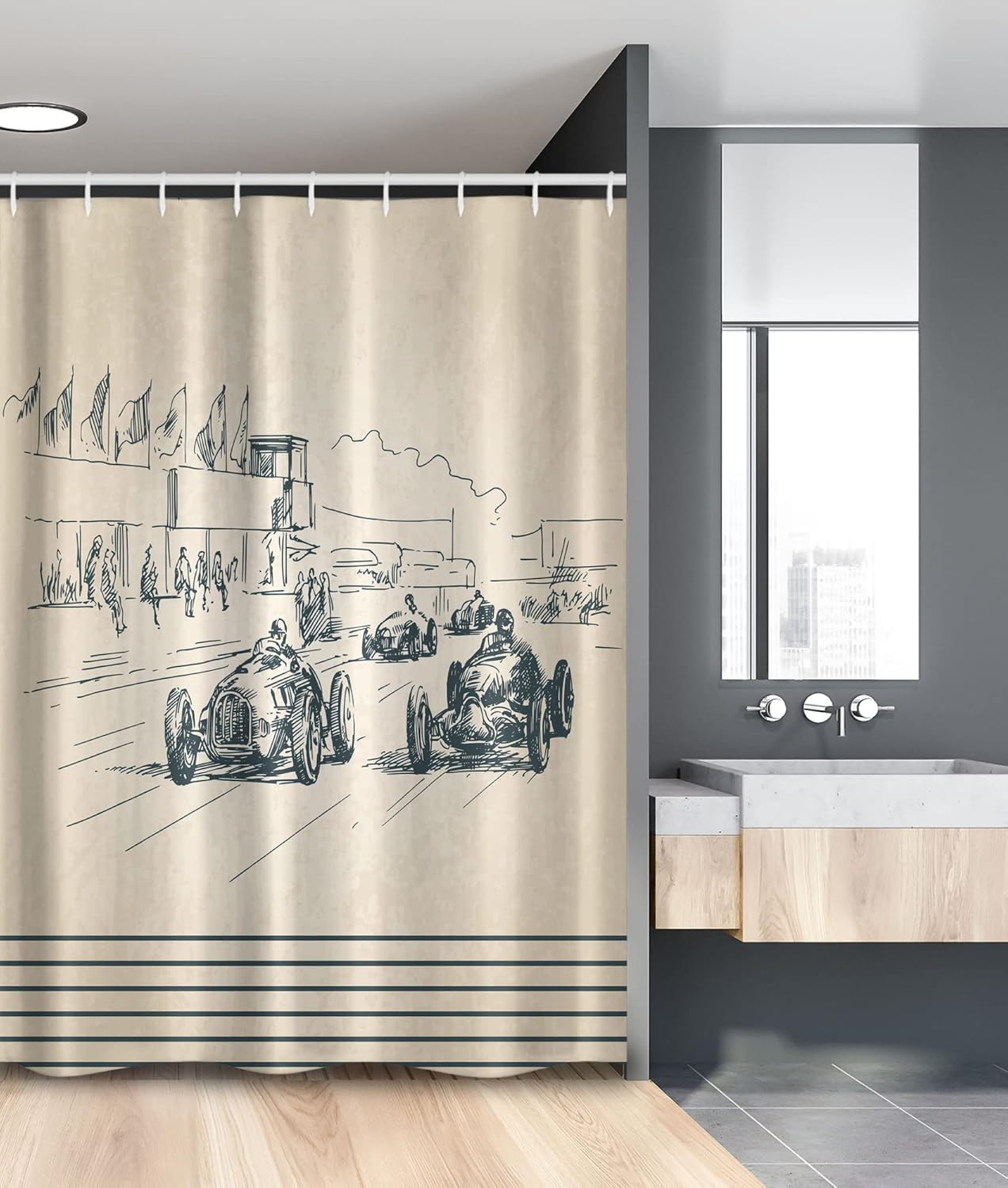 Ambesonne Vintage Car Stall Shower Curtain, Vintage Racing Cars Sport Nostalgic Sketchy Doodle Style, Fabric Bathroom Decor Set with Hooks, 54" W x 78" L, Beige Forest Green