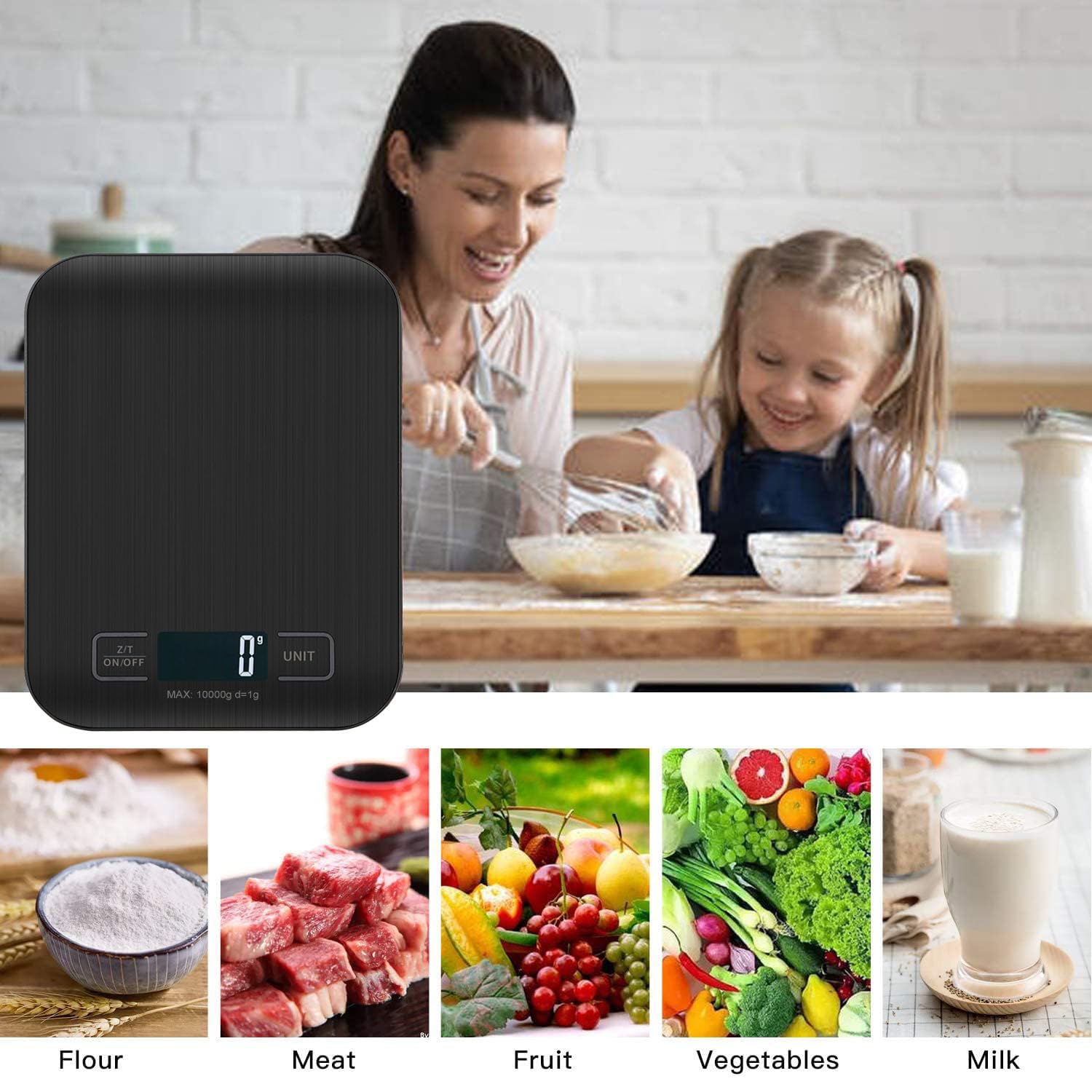 Bilancia Da Cucina Digitale, 10 kg, Bilancia Elettronica In Acciaio Inox, Elegante Bilancia Alimentare Ultra Sottile, Bilancia Elettronica Per Casa e Cucina Con Display Lcd, Funzione Tara (Nero)