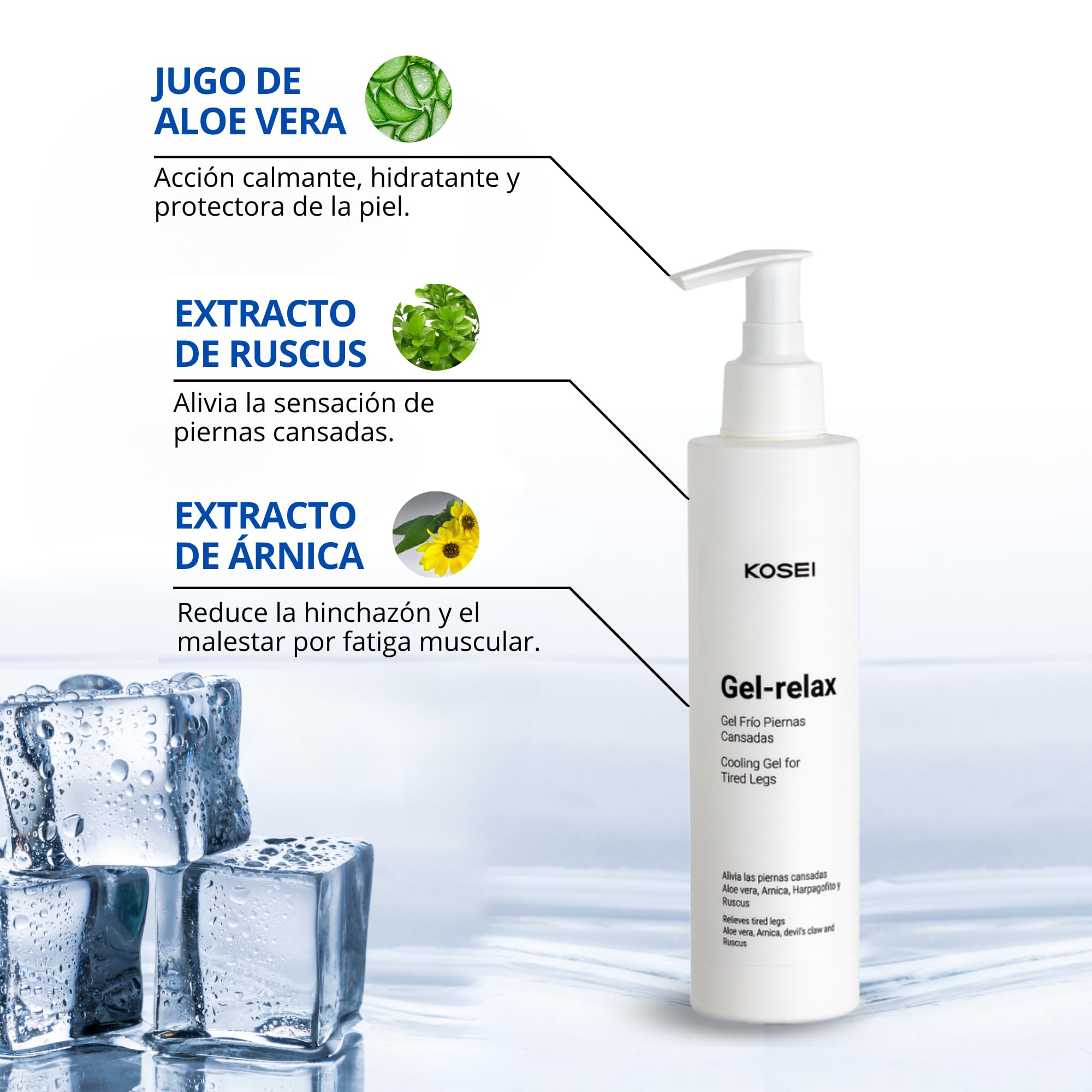KOSEI - GEL RELAX | Gel Frio Piernas Cansadas Alivio Inmediato | Reduce Dolor de Piernas y Pies | Mejora la Circulación | Combate Celulitis, Varices y Grasa | Contiene Aloe Vera - Acción calmante