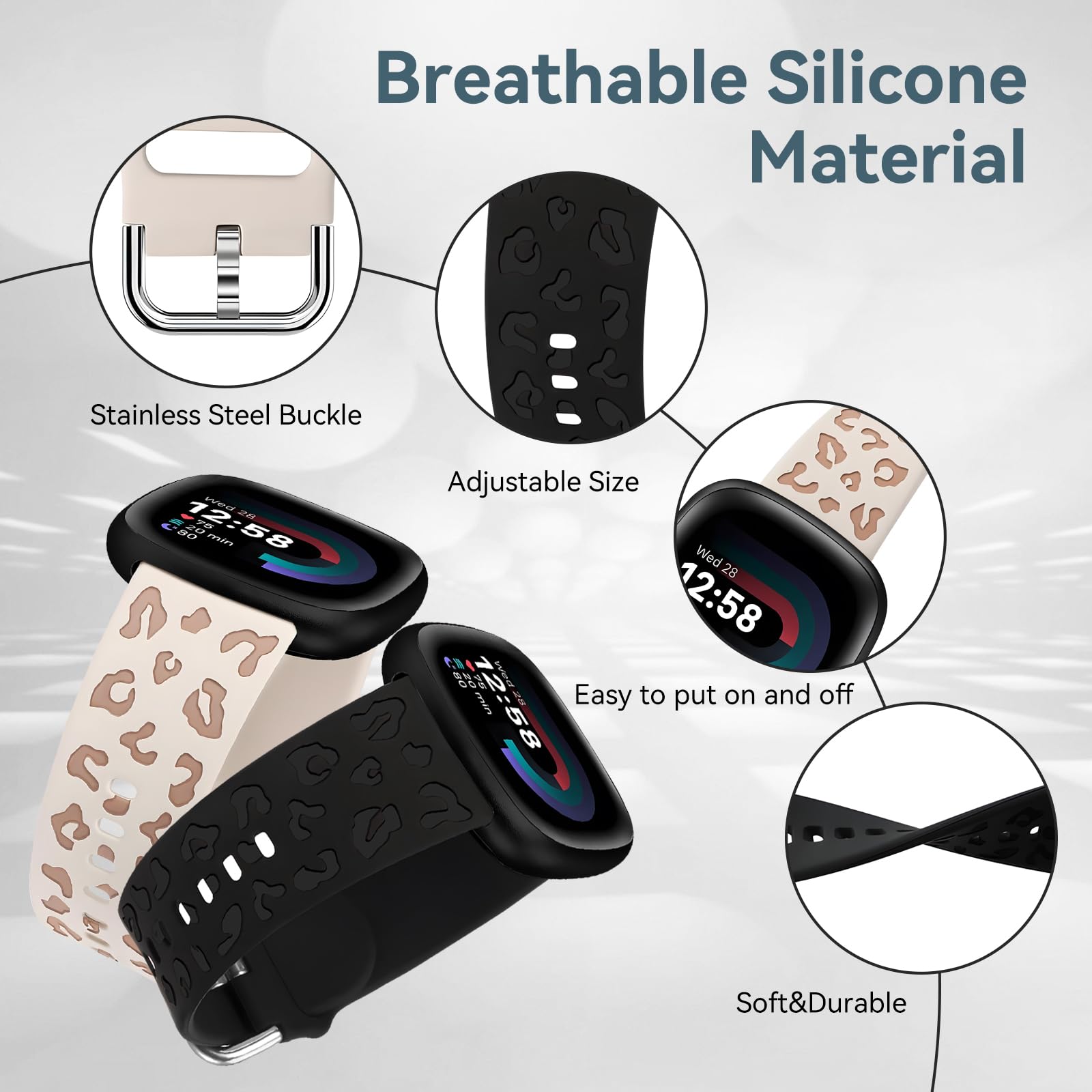 CoieLay Leopard Engraved Bands for Fitbit Versa 4/3 & Sense 2, Cute Soft Silicone Sport Wristbands for Women, Waterproof Replacement Watch Bands, Fitbit Versa 4 Band for Women, Leopard Print Design