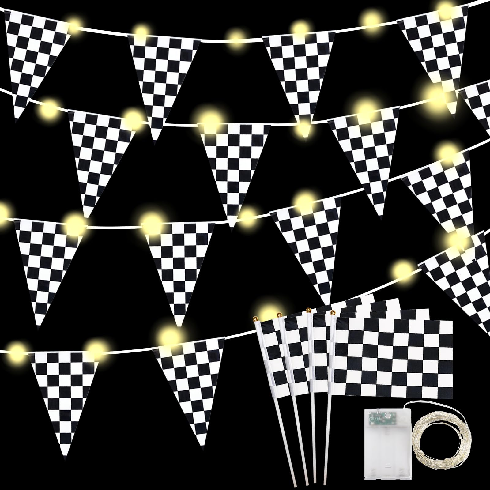 Light up Black and White Checkered Racing Flags Banner, 32.8 ft Black & White Pennant Banner and11.8 Inch Racing Flags with plastic stick for Nascar