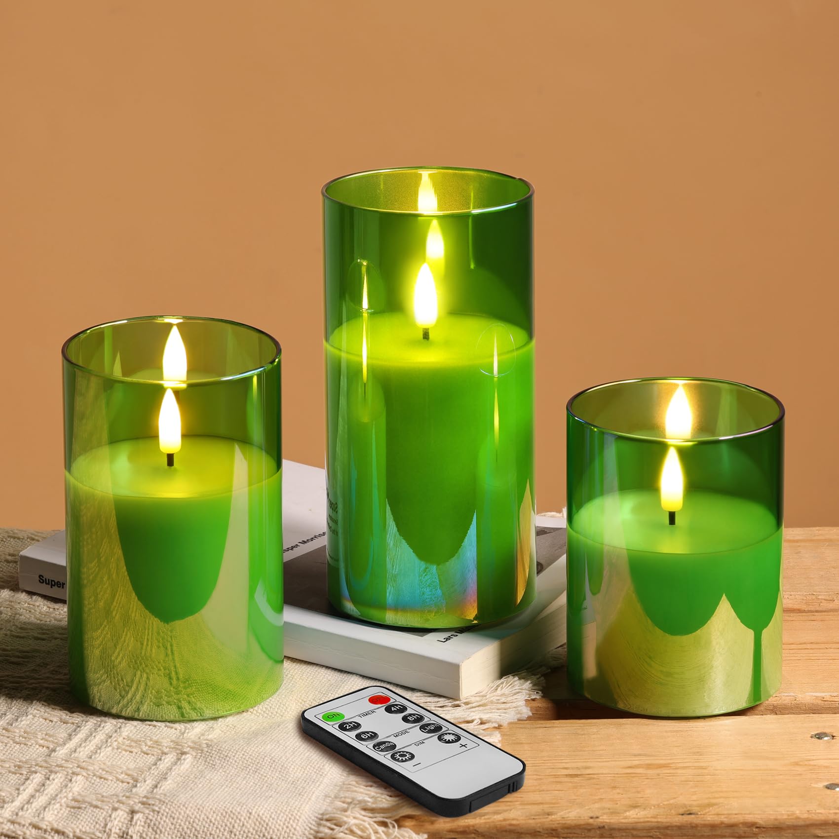 Eywamage Green Glass Flameless Pillar Candles with Remote, Flickering Battery LED Candles Spring Home Decor Set of 3