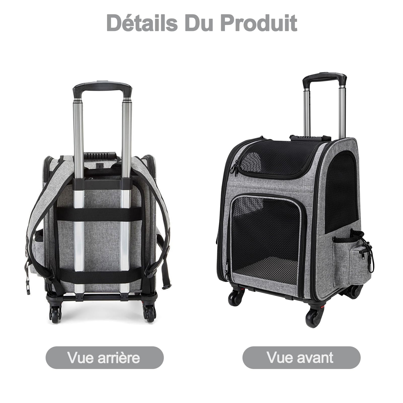 Galatée Poussette pour Animaux De Compagnie, Sac à Dos pour Chien avec roulettes Amovibles, Sac à Dos pour Chien Homologué pour Le Transport Aérien, Sac avec Fenêtres De Ventilation en Filet(Gris)