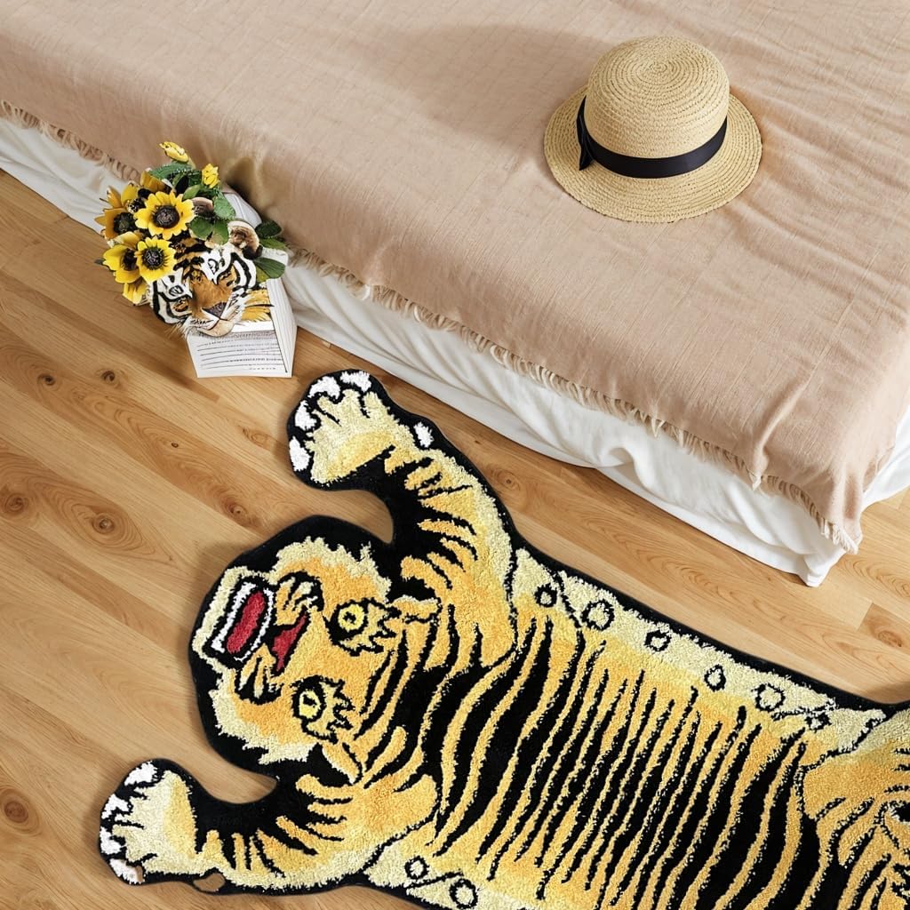 Angry Tiger Rug - 5*3ft Unique Double-Headed Tiger Bath Mat - Soft Hand-Tufted Cool Rugs for Bedroom & Man Cave - Machine Washable Non-Slip Animal Rug - Hypebeast Room Decor - Orange Area Rug
