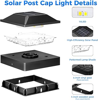 Peasur 4x4 Solar Post Cap Lights 6 Pack,2 Modes Post Lights Solar Powered
