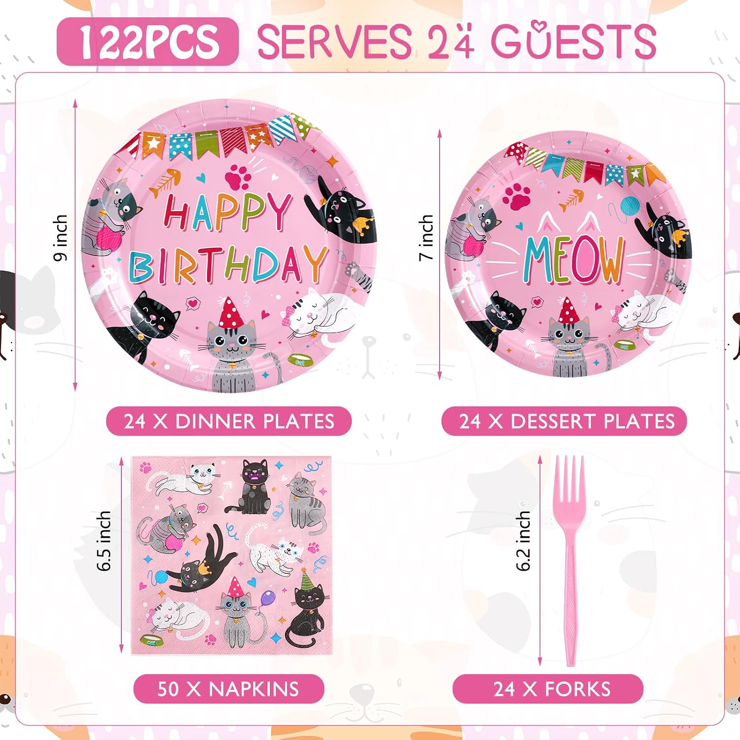 SiliFine 122 Pcs Cat Birthday Party Supplies Disposable Cat Themed Tableware Include 24 Dinner Plates 24 Dessert Plates 50 Paper Napkins 24 Forks Kitten Birthday Party Decoration for 24 Guests(Pink)