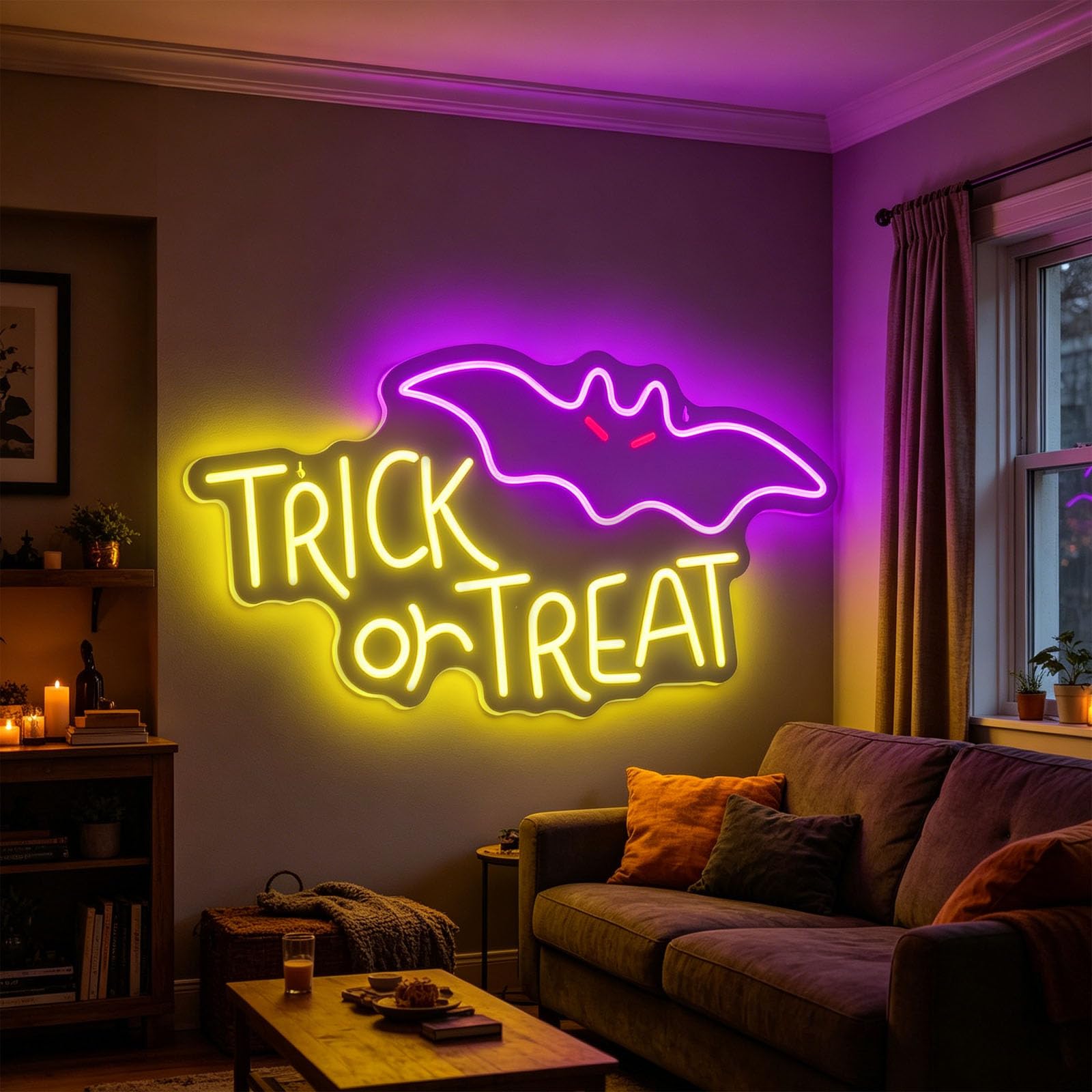 Trick or Treat Neon Sign for Wall Decor Acrylic Halloween Themed Neon Light Up Signs USB Powered & Dimmable LED Signs for Club Weird Bar Gothic Halloween Decoration (D 16.5 in × W 8.1 in)