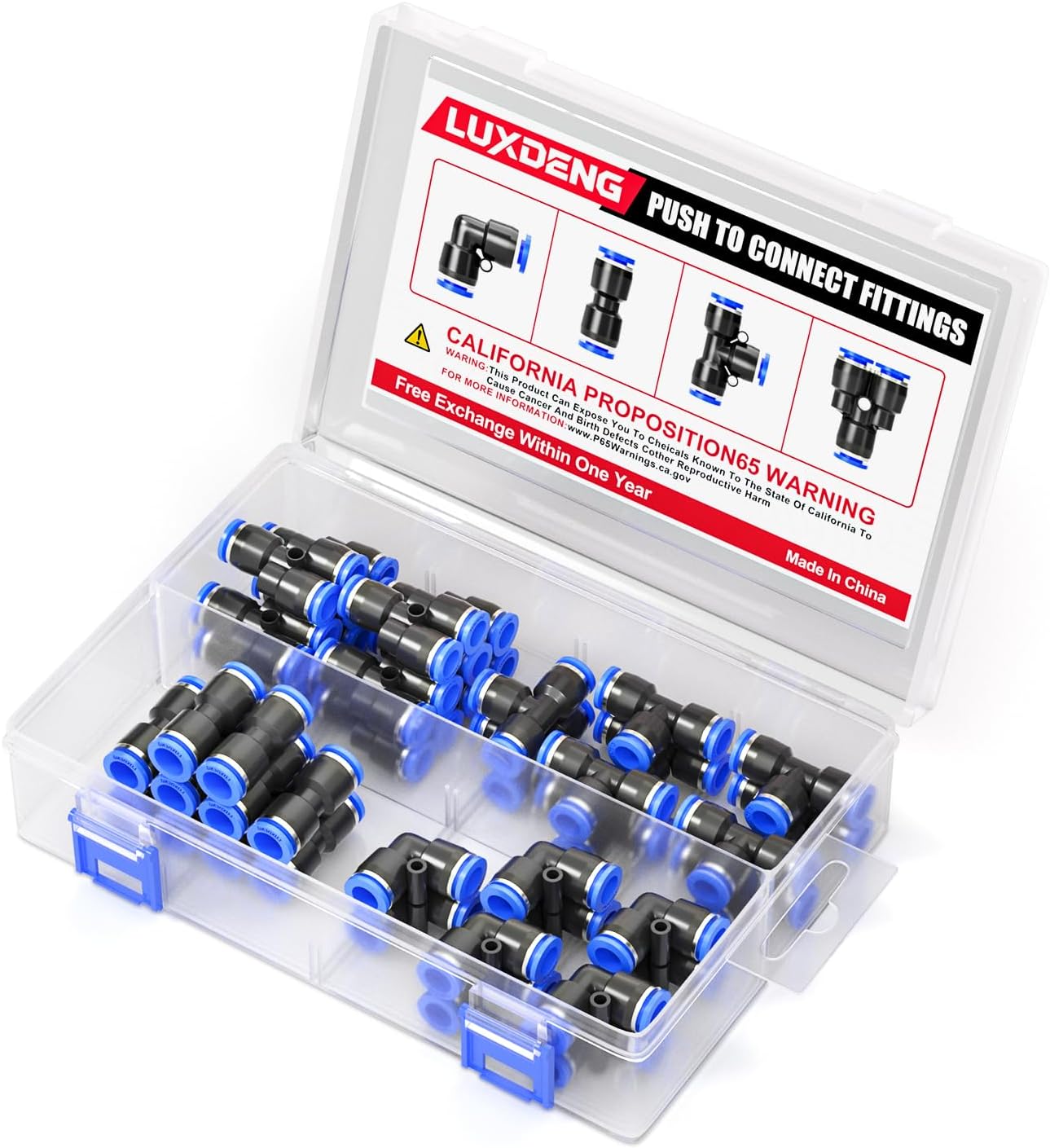 6MM OD Blue Elbows,Tee,Straight and Splitters Push to Connect Tube Fittings Quick Connect Air Fitting Pneumatic Push Lock Connector (Pack of 40)