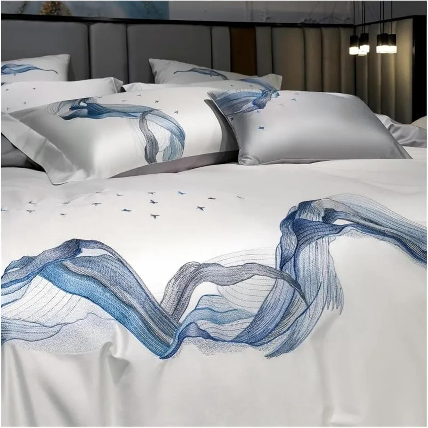 Chic Marble Abstract Emboidery White Gray Duvet Cover Set 4Pcs 1000TC Long Staple Cotton Premium Bedding Bed Sheet Pillowcases,Bed