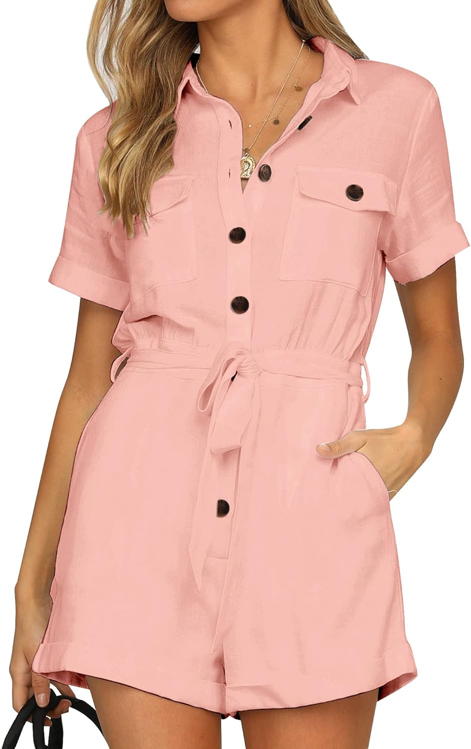 GRAPENT Women's Summer Short Sleeve Button Down Pockets Belted Jumpsuits Rompers