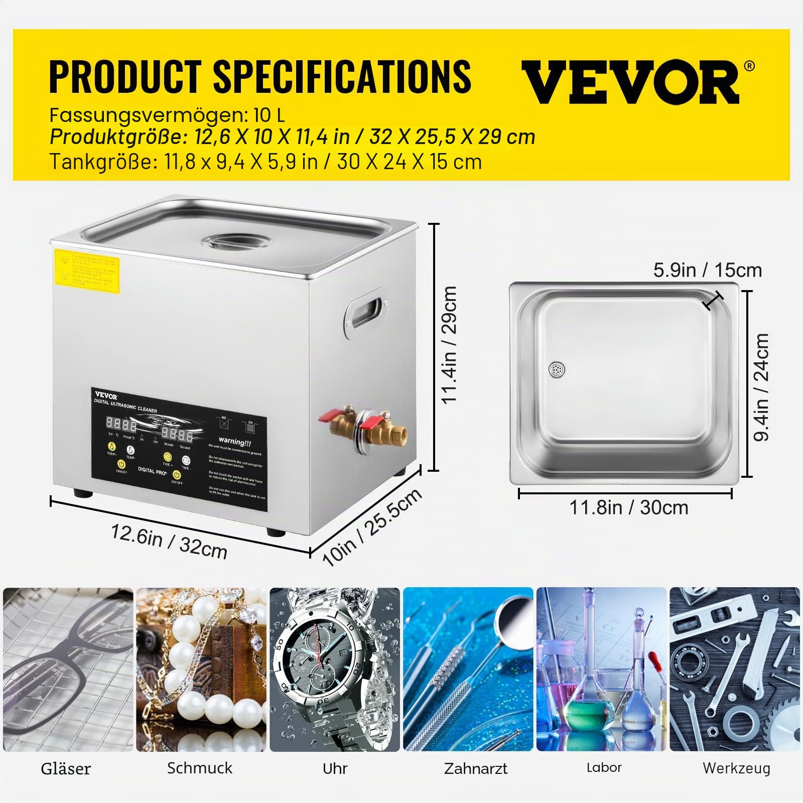 VEVOR 10 L verbesserter Ultraschallreiniger (400 W Heizung, 240 W Ultraschall) Professioneller digitaler Labor-Ultraschallreiniger mit Heizungstimer für die Reinigung von Teilen und Instrumenten