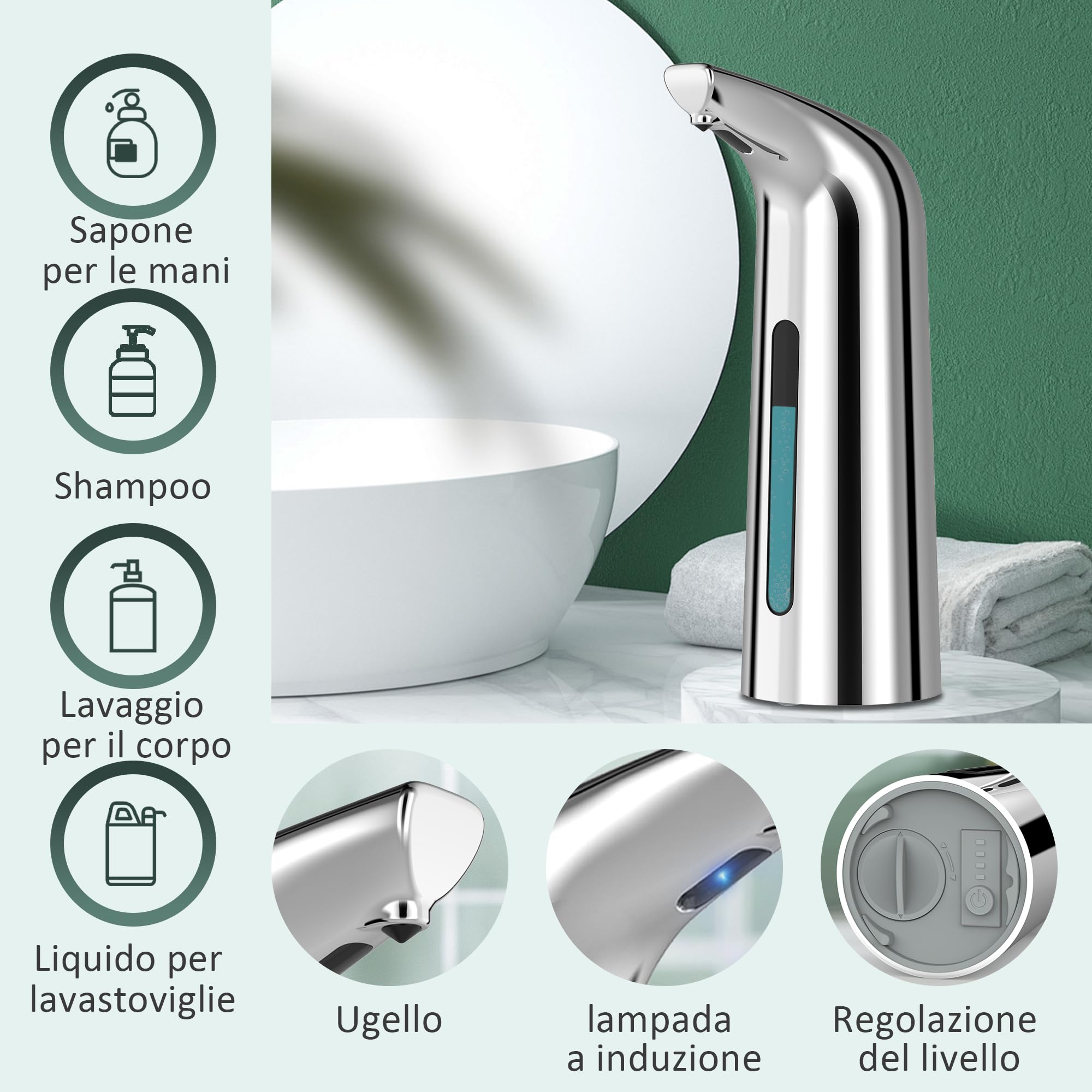 Dispenser Automatico Sapone Senza Contatto，Squisito 400ml Sensore Intelligente 4 Livelli Regolabile dispenser di sapone, Impermeabile IP65，alimentato a batteria，Adatto per Cucina, Bagno (Argento)