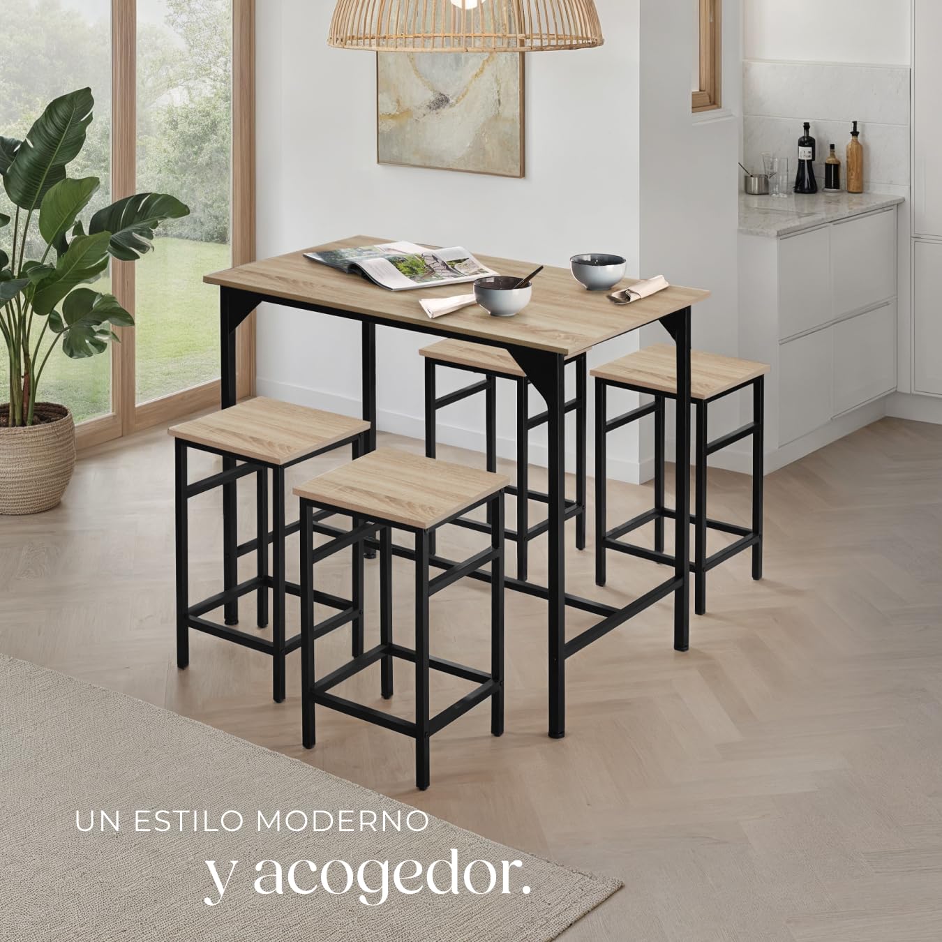 tectake® Mesa Alta de Bar con 4 Taburetes, Mueble de Cocina Estilo Industrial, Diseño Comedor y Mesa Cocina, Muebles de Salon, Taburete - 100 x 124 x 88,5 cm Madera Industrial Clara, Roble Sonoma