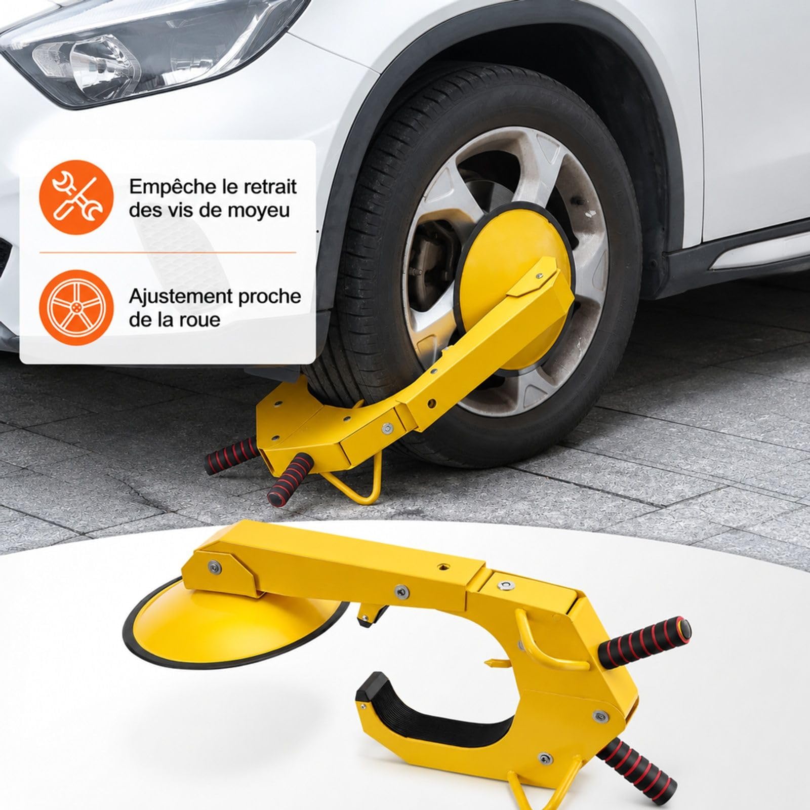 Lot de 2 sabots de roue jaunes en acier Q235 avec ventouse et clés pour voiture caravane camion moto SUV