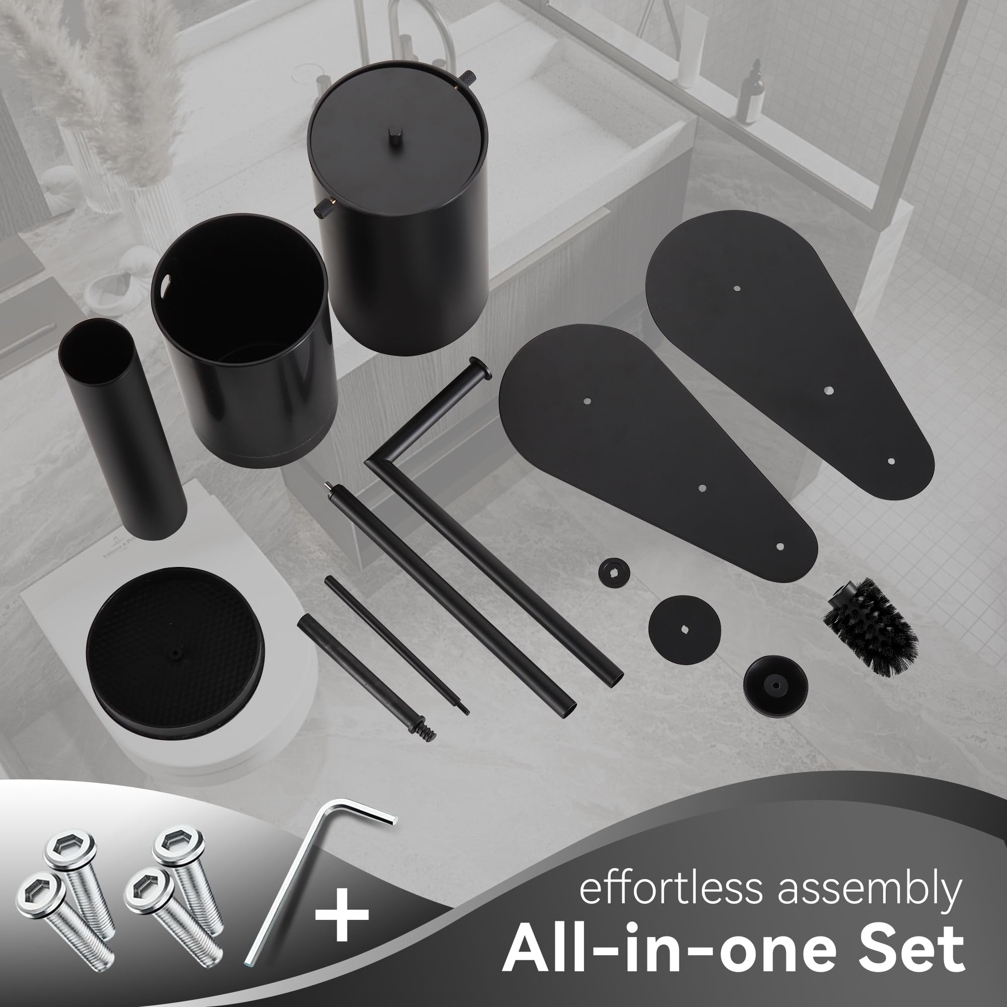 DAZI Portarrollos de Papel higiénico Independiente con Cepillo y Cubo de Basura, Juego de portarrollos de Papel higiénico de Acero Inoxidable, Negro Mate, 2 Cabezales de Cepillo PP