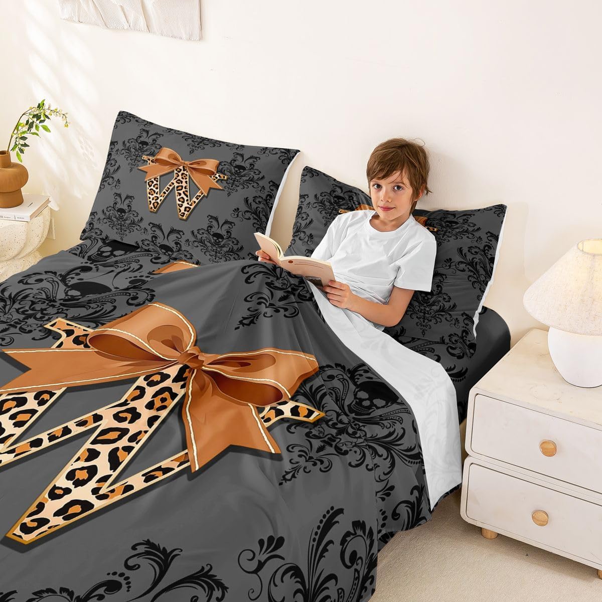 Erosebridal Brown Leopard Print Letter W Damask Sheet Set Sugar Skull Gothic Full Size Bed Sheets for Toddler Boys,Alphabet Vintage Floral Monogrammed Victorian Bedding Set