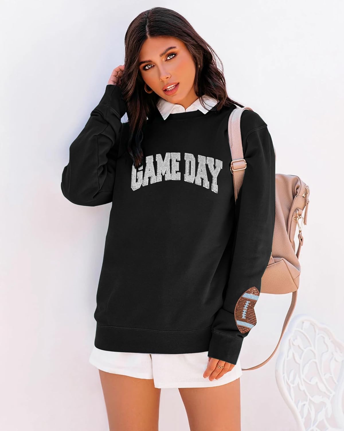 Game Day Sweatshirt for Women Sequin Football Long Sleeve Shirt Crew Neck Sunday Funday Pullover Tops - Image 3