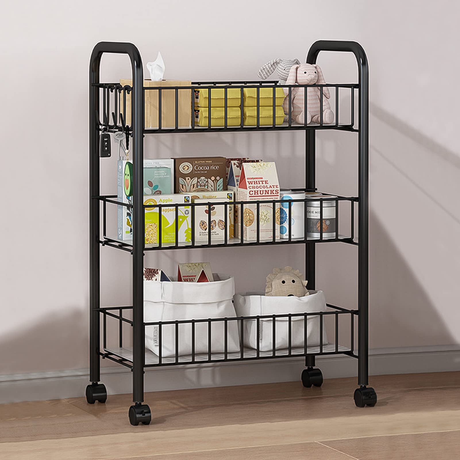 SAPURolling Cart Metal Utility Trolley on Wheels, Mesh Storage Rack Organizer Shelves with 4 Baskets Storage Art Carts for Home Kitchen Bathroom Living Room Laundry Room Office ((3-Tier), Black)
