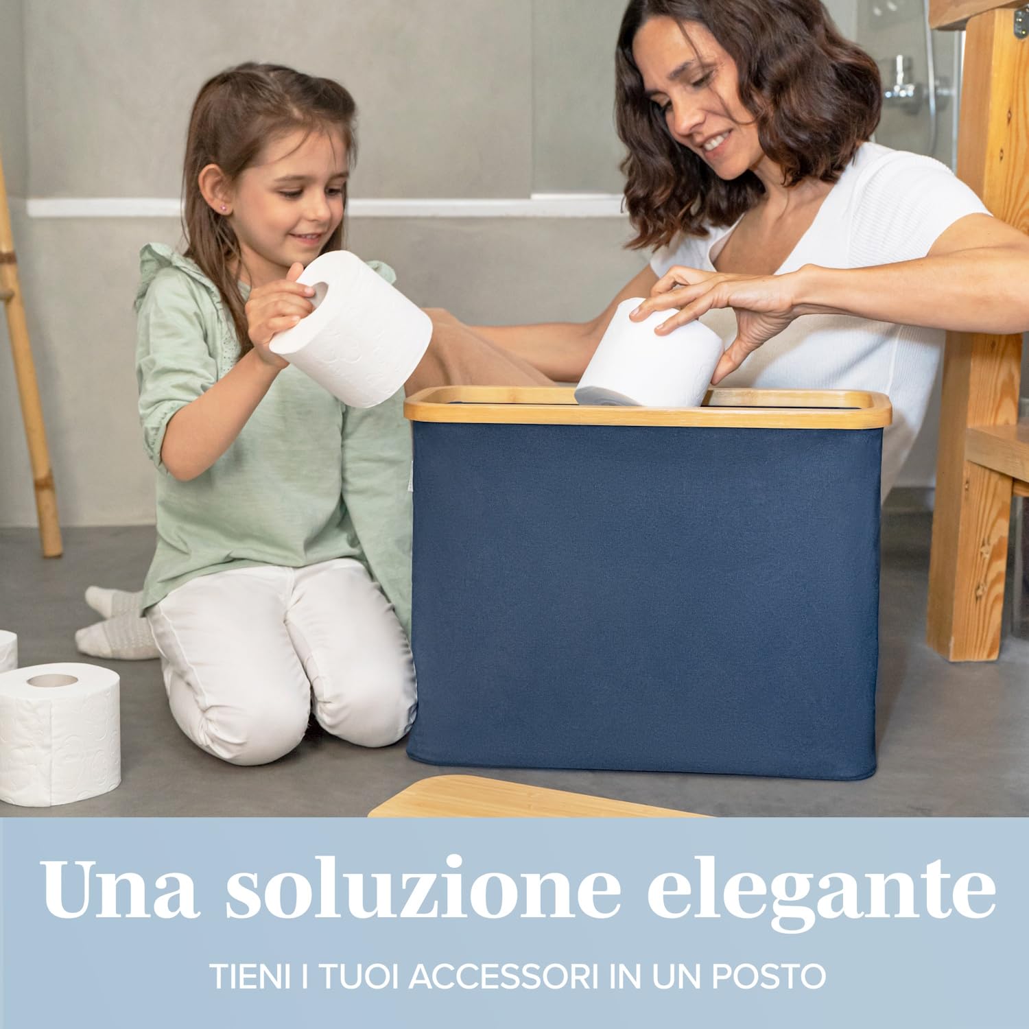LONBET para 12 Rollos Almacenaje Papel Higienico con Tapa de Bambú - Almacenamiento Baño Plegable e Impermeable - Diseño Elegante y Apilable con Montaje Rápido - Toilet Paper Storage, Blu