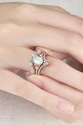 Vista 2 de Juego de 3 anillos de ópalo vintage para mujer, plata de ley 925, oro de 10 quilates, 14 quilates, 18 quilates, centro de 1.5 quilates, inspirado