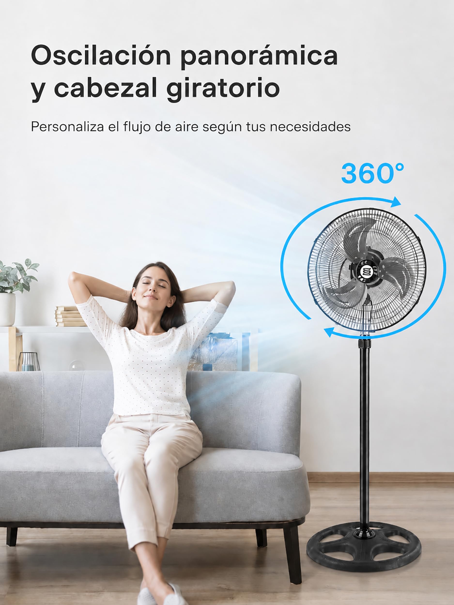 BESCH Pack 2 Ventilador de Pie Potente 90W, 18 Pulgadas con 3 Aspas, 3 Velocidades, Oscilación Panorámica, Altura Regulable 100-125 cm, Base Reforzada 50 cm, Silencioso para Hogar y Oficina