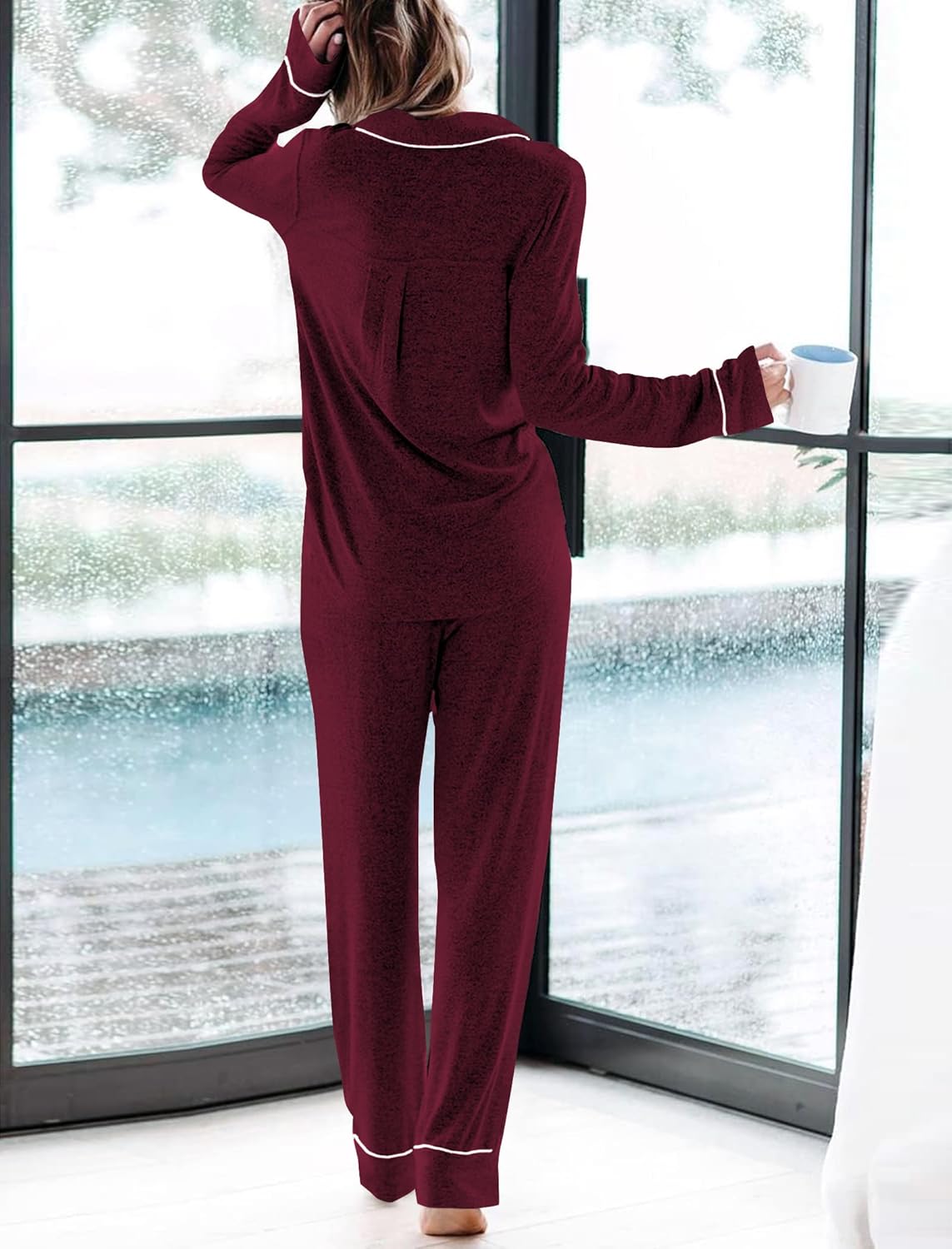 Womens Long Sleeve Pajamas Set Soft Sleepwear Button Down Shirt and Long Pants Pj Lounge Sets S-XXL with Pockets - Image 4