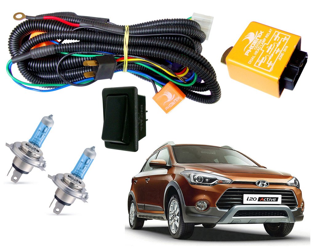 auto pearl phoenix headlamp wiring harness kit with relay, switch & halonix h4 12v 130/100w white ultra blue halogen bulb for i20 active