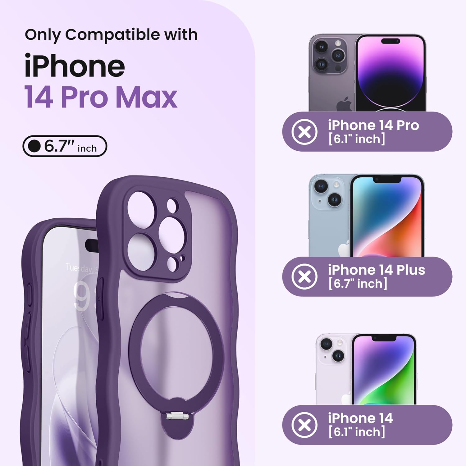 CAPRARO for iPhone 14 Pro Max Case with 360° Spin Magnetic Stand for Women, [Compatible with MagSafe] [Full Camera Protection] Cute Wave Translucent Matte Case for iPhone 14 Pro Max, Deep Purple