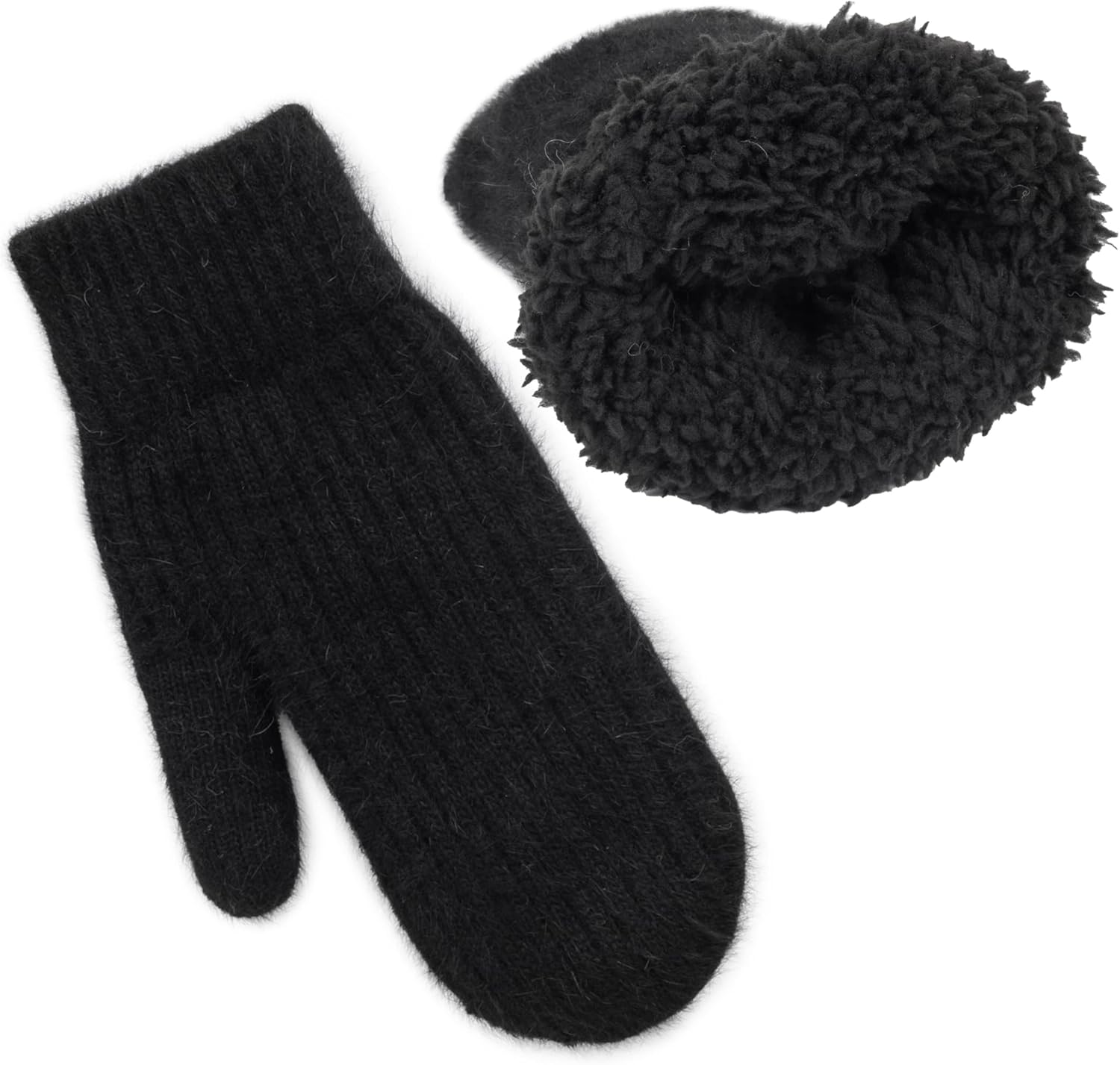 XuoAz Women's Warm Winter Wool Mittens with Rabbit Fur & Fleece Lining - Cute Knit Double Layer Gloves for Cold Weather