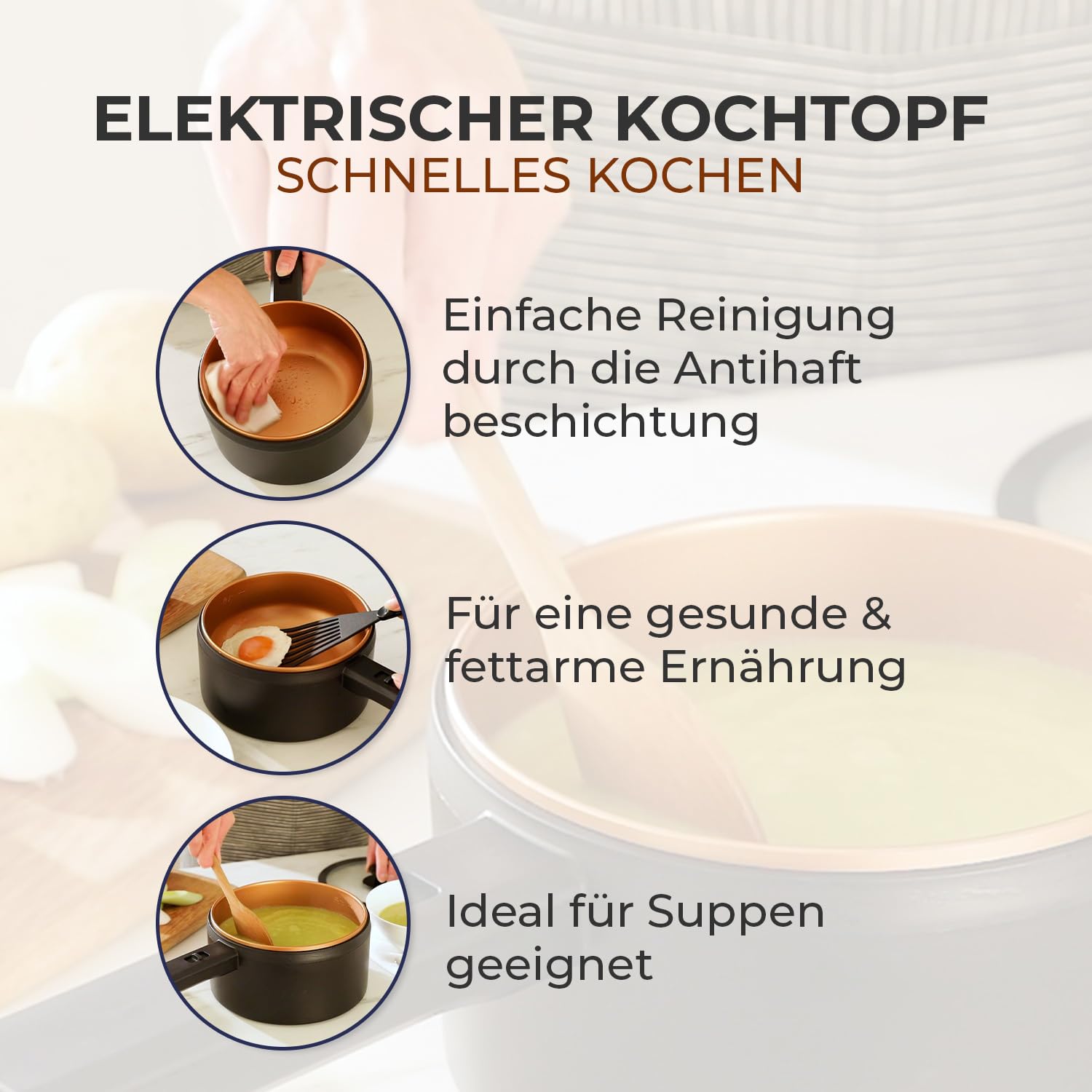 3 PAGEN® Elektrischer Kochtopf mit Deckel 2 Liter, Antihaft Hot Pot Multikocher, Kochen ohne Herd, Elektropfanne, Elektro-Kochtopf mit 2 Temperaturreglern, Multifunktional und energiesparend, 300/600W