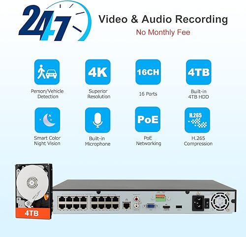 Miniatura 4 de Anpviz Sistema de cámara de seguridad PoE 4K de 16 canales, 8 cámaras IP PoE con cable de 8MP para exteriores con detección de humanos y vehículos,