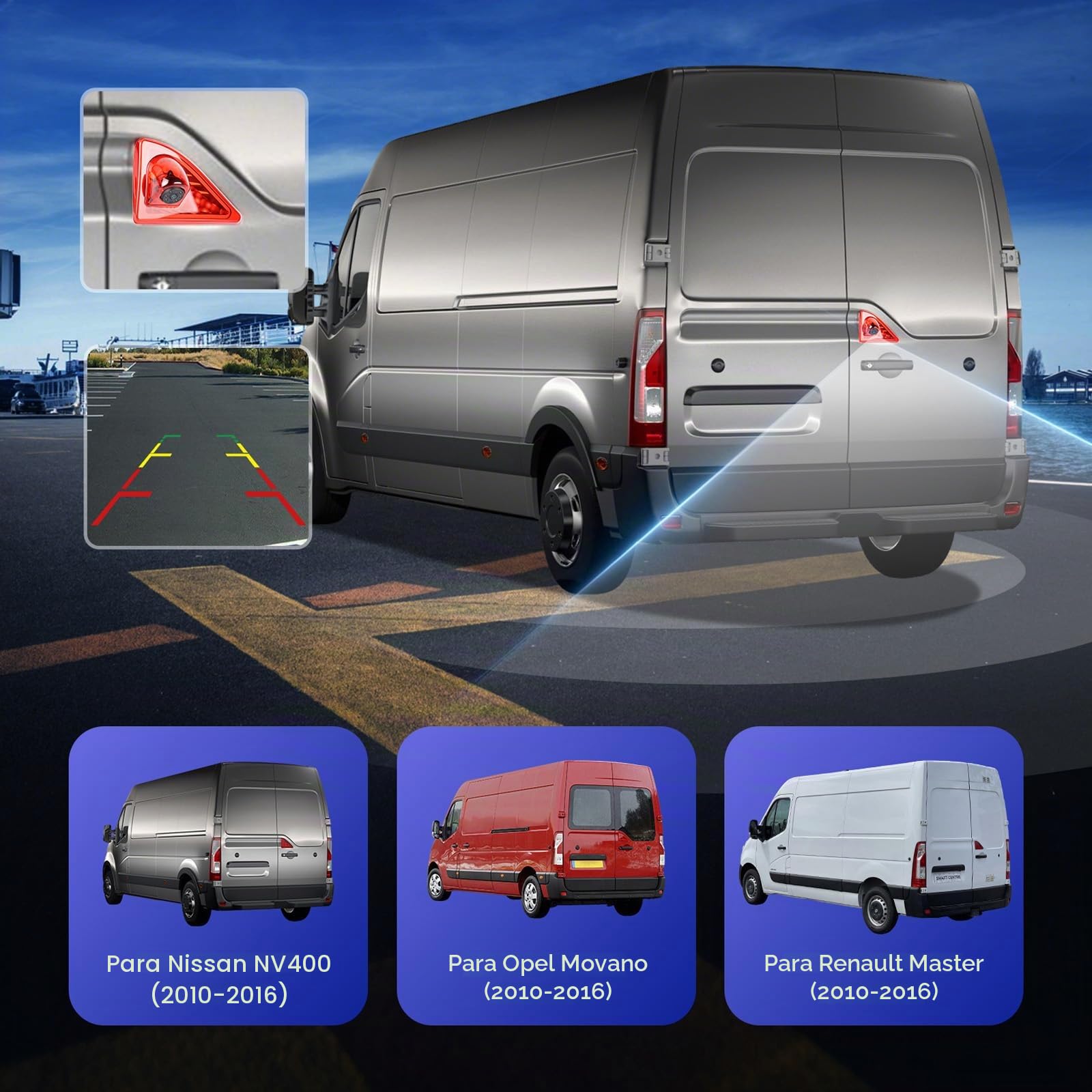 CAMECHO Luz de Freno Cámara Trasera HD Visión Nocturna IP67 Cámara Impermeable para Nissan NV400 Opel Movano Renault Master 2010-2016 Tercera luz de Freno con Gran Angular 140°, 12 V, Cable 10M