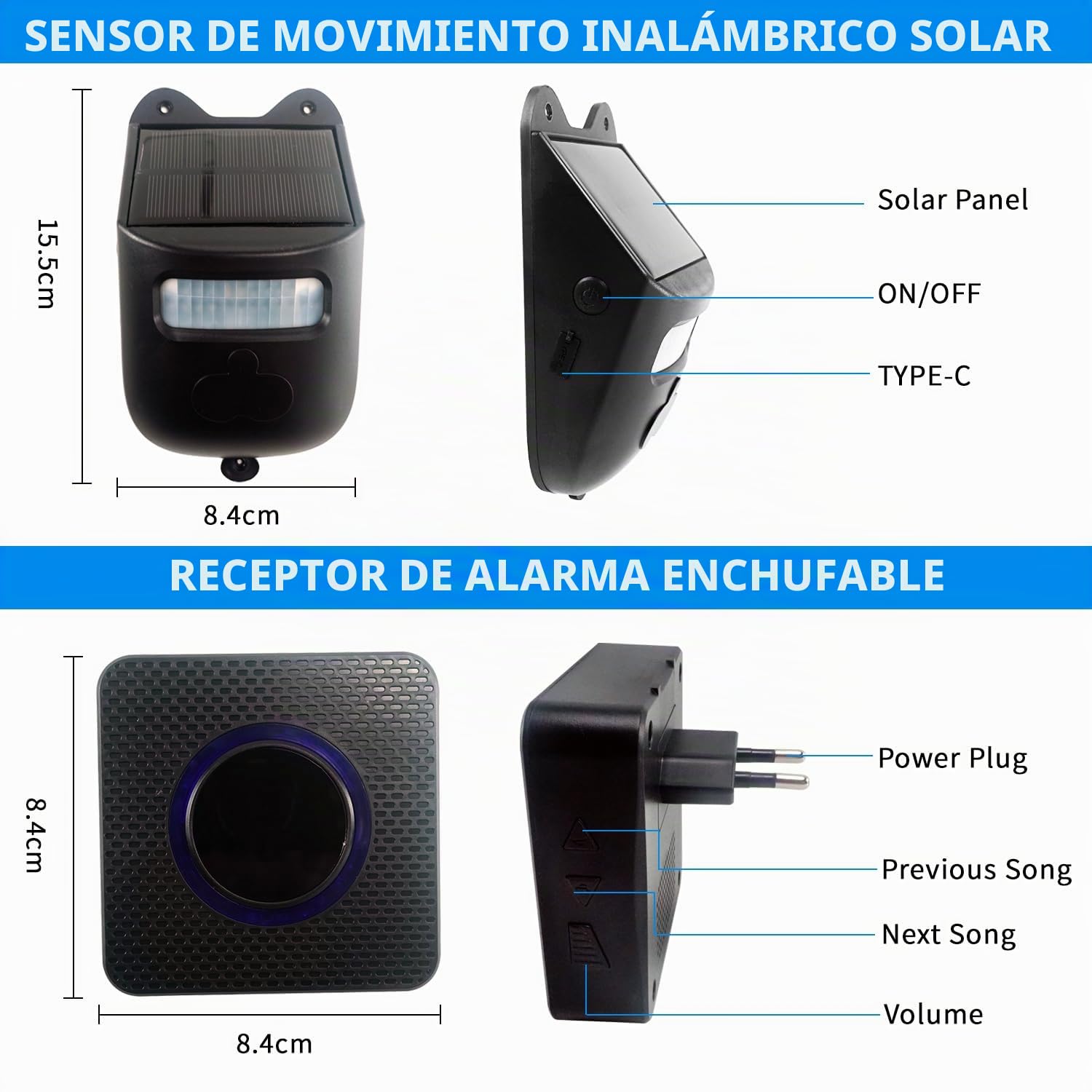 QUMOX Alarma de Entrada con Energía Solar – Sistema de Alerta Inalámbrico con Sensor de Movimiento Exterior, 2 Sensores y 1 Receptor para Seguridad en Casa y Negocio