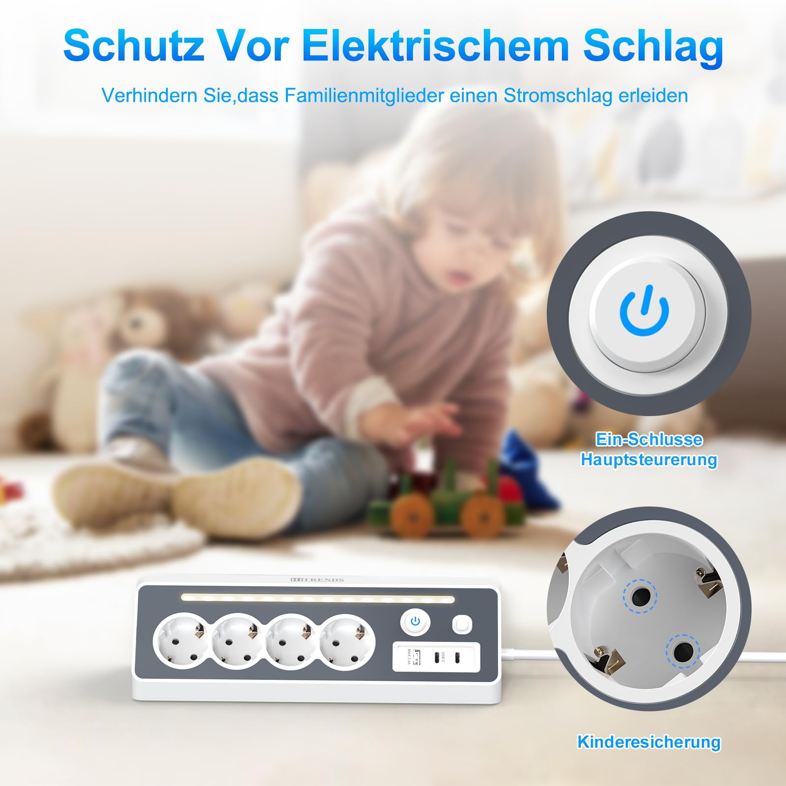 Listwa zasilająca z 4 gniazdami wtykowymi z 3 gniazdami USB, z gniazdem USB C, listwa zasilająca na biurko ze światłem, kabel 2 m, biała