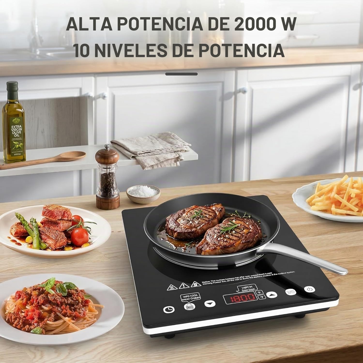 Placa Vitrocerámica Portátil 2000W, Hornillo Eléctrico de 1 Fuego Compatible con Todas las Ollas - Placa de Cocina con Temporizador y Seguridad, para Autocaravana, Camping y Estudio