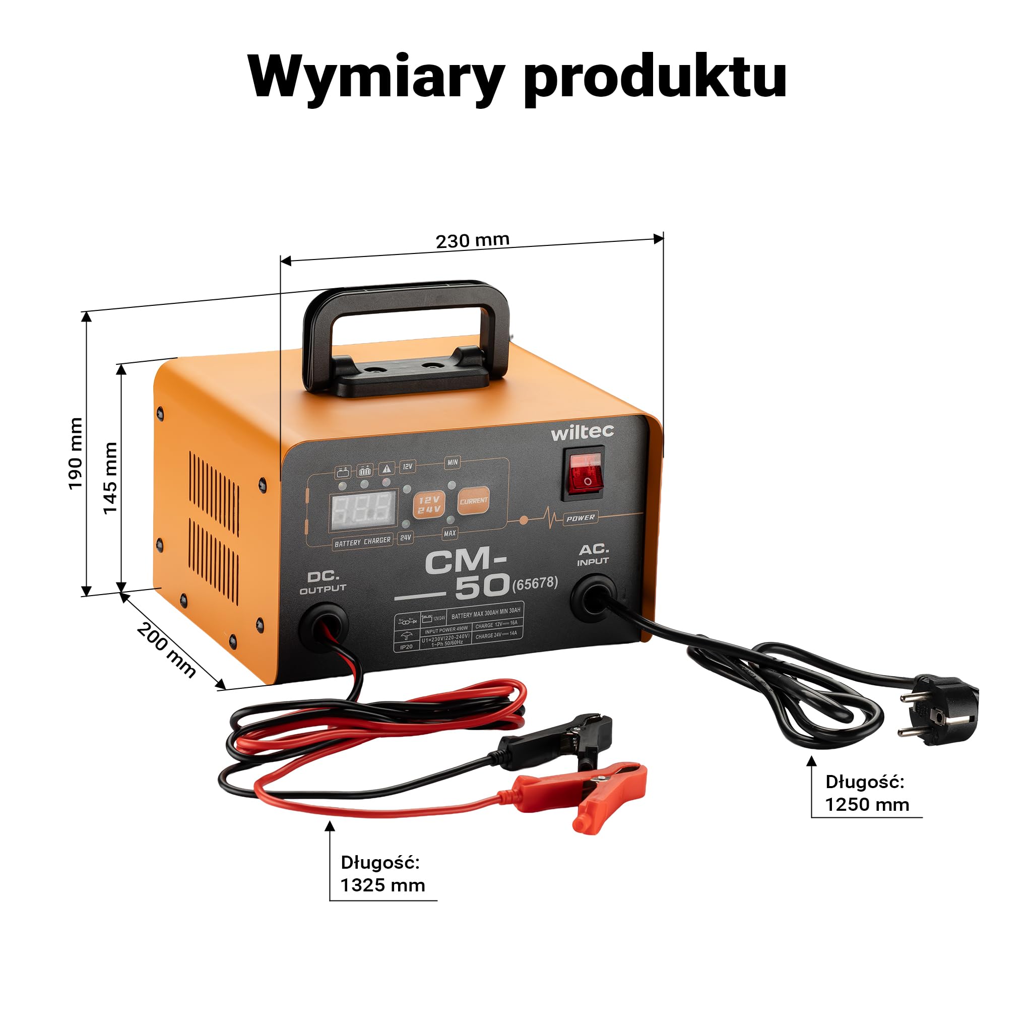 Wiltec Prostownik do auta 12-24 V, 16 Ah, 30-300 Ah do akumulatorów samochodowych i motocyklowych, rozruch 490 W, inteligentna ładowarka z wyświetlaczem LCD i uchwytem