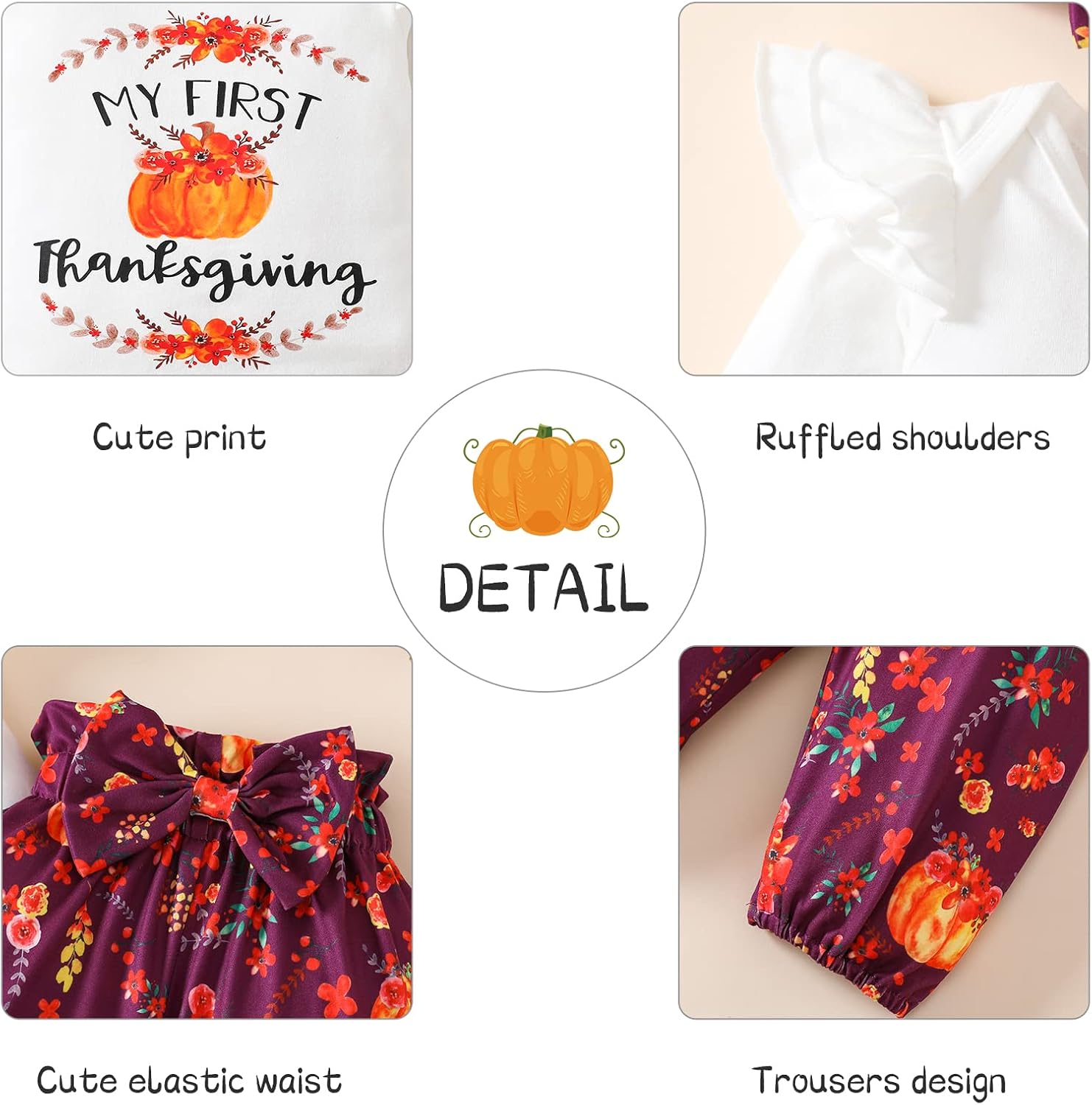 TUEMOS Thanksgiving Outfits Baby Girl My First Thanksgiving Romper+Polka Dot Pant+Headband Baby Girl Thanksgiving Clothes Set