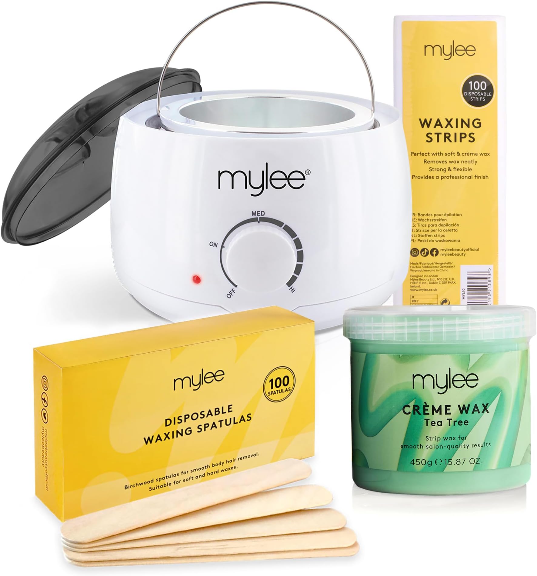 Waxing Kit, with White Thermostatic Control Wax Heater, Mylee 450g Tea Tree Soft Wax, 100x Waxing Strips, 100x Disposable Wooden Waxing Spatulas