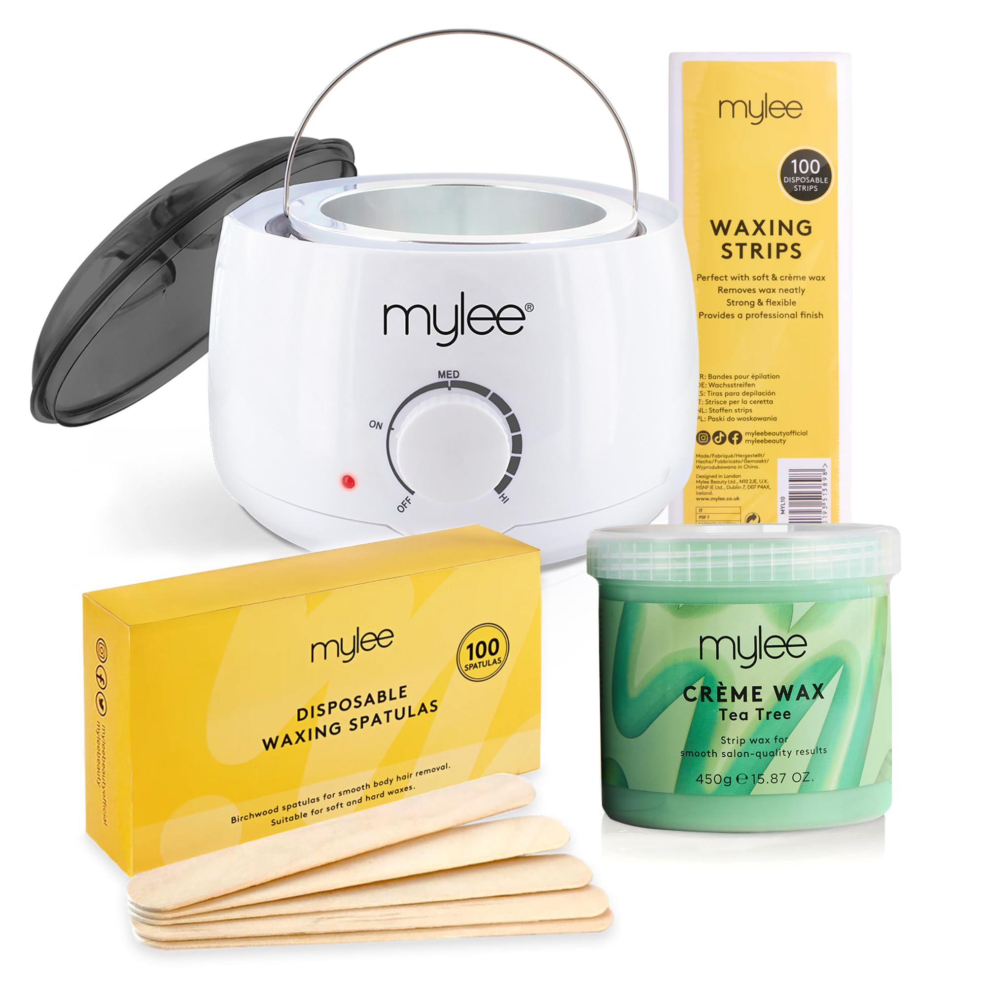 Waxing Kit, with White Thermostatic Control Wax Heater, Mylee 450g Tea Tree Soft Wax, 100x Waxing Strips, 100x Disposable Wooden Waxing Spatulas
