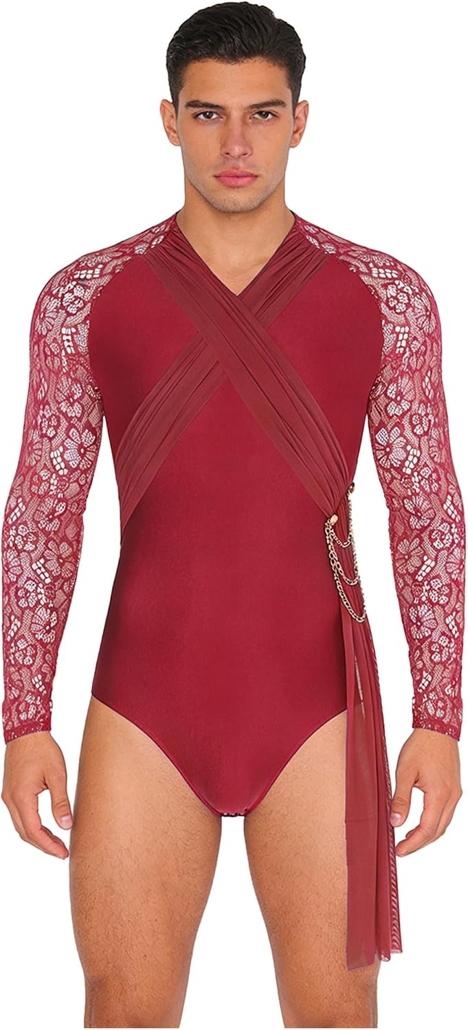 FEESHOW Men's Latin Dance Bodysuit Sheer Floral Lace Long Sleeve Rumba Samba Salsa Ballroom Dance Leotard