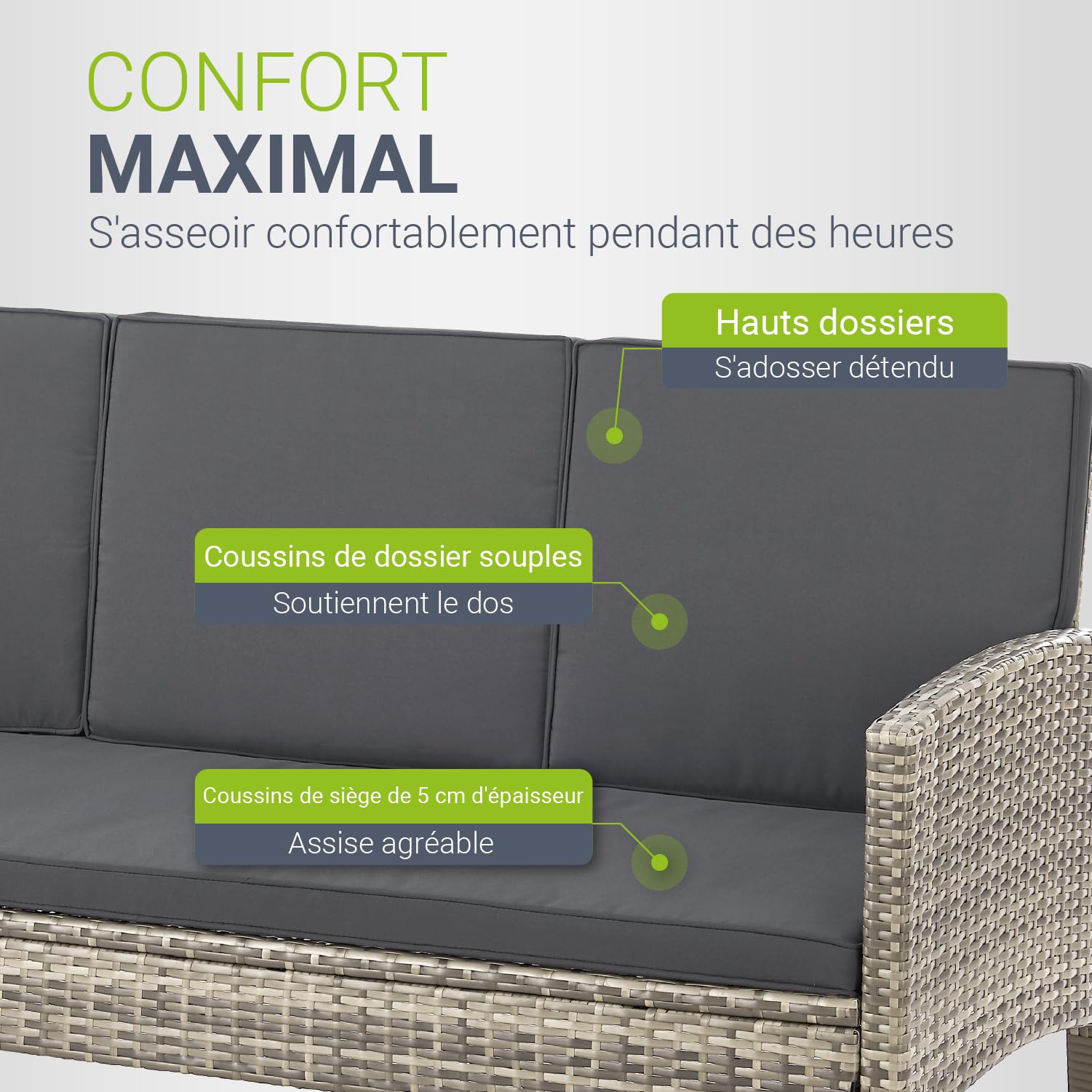 Juskys Salon de Jardin 6 pièces Turin en polyrotin - 7 Personnes - Mobilier d'extérieur avec fauteuils, tabourets, Table & Coussins - Meubles de Jardin pour Coin Lounge - Gris