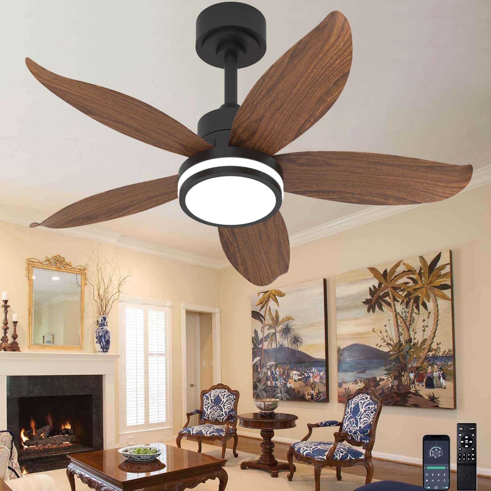 SXDMOUBK Dimmable Silent Ceiling Fan with Lights Remote & APP Control 6-Speed Reversible Timer Walnut Wood Ideal for Bedrooms Living Rooms & Dining Rooms
