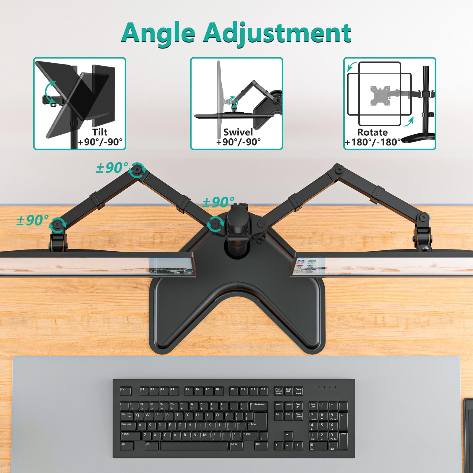 WALI, Doppio supporto da scrivania completamente regolabile per 2 monitor LCD fino a 27", 10 kg di capacità di carico per braccio, con base con occhiello (MF002), nero